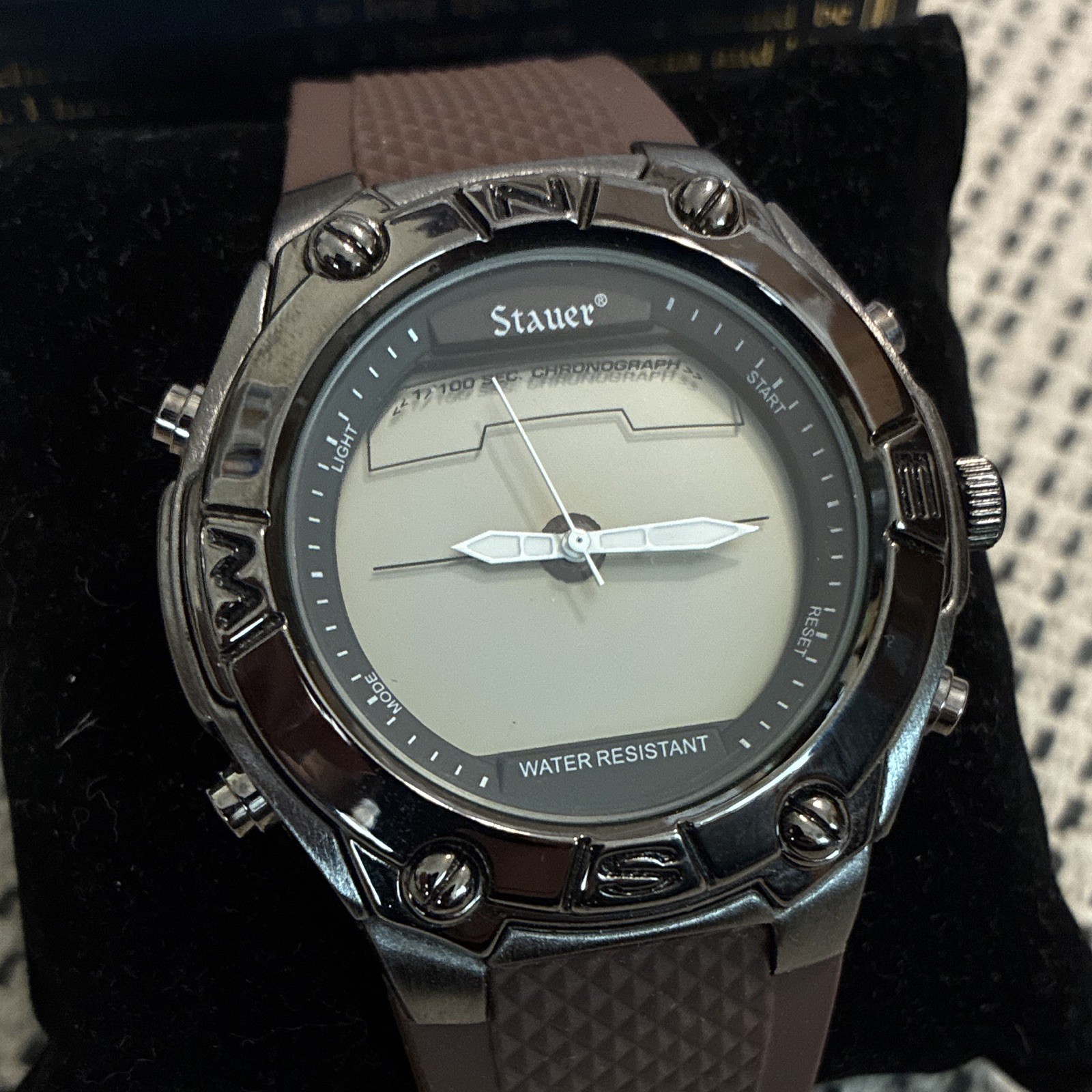 Stauer 24609 Hybrid Quartz, Gunmetal Case Brown Rubber Strap w/Box and manual