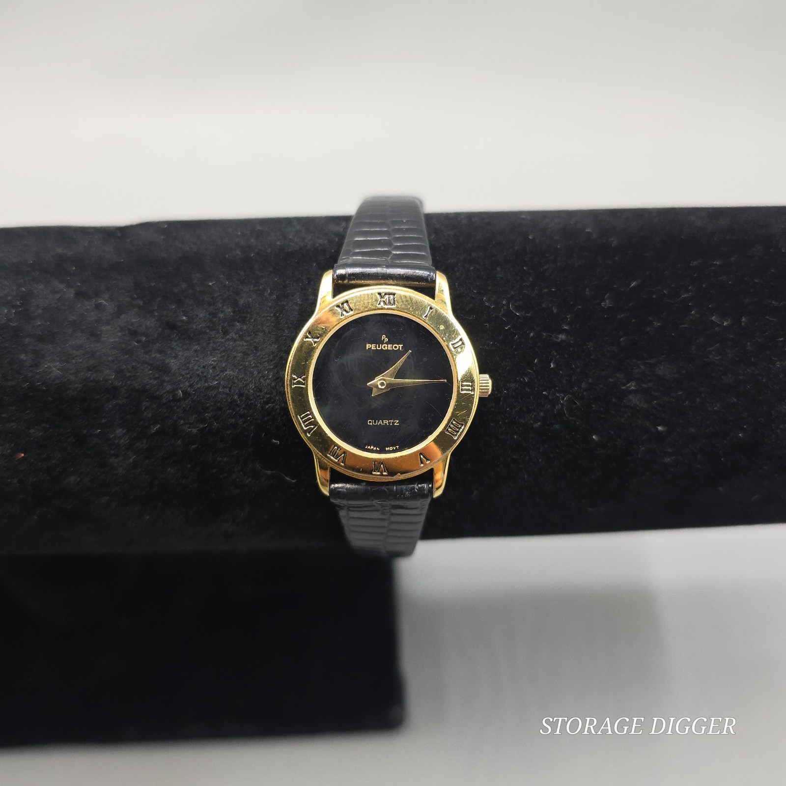 Vintage Peugeot Women’s Gold Tone Quartz Wristwatch, Black Genuine Leather Band