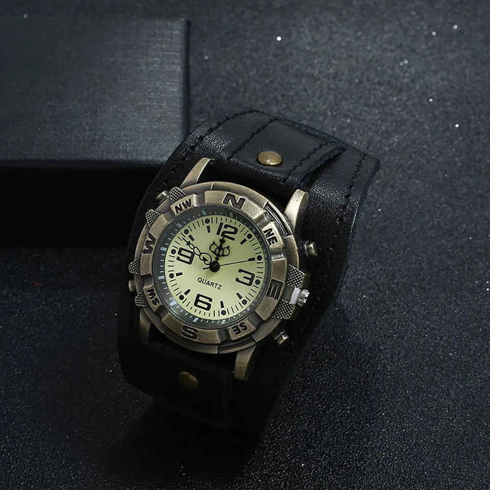 Vintage Retro Leather Cuff Bracelet Wide Band Steampunk Mens Quartz Wrist Watch⌚
