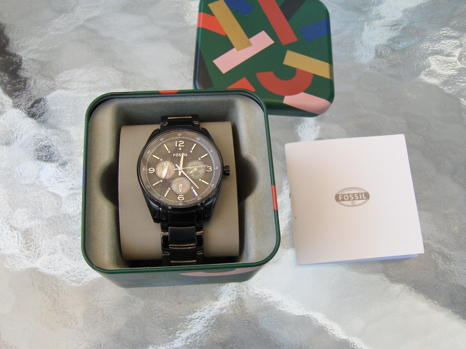 FOSSIL BQ 1122 JUSTINE BLACK STAINLESS RAINBOW MOTHER OF PEARL 3 EYE FACE DIALS