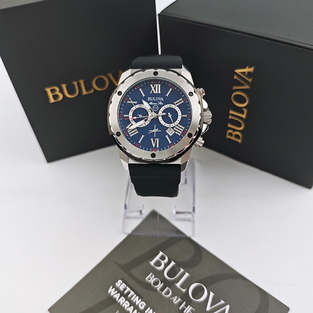 Bulova 98B258 Marine Star Blue Dial Black Rubber Strap Men’s 44mm Quartz Watch