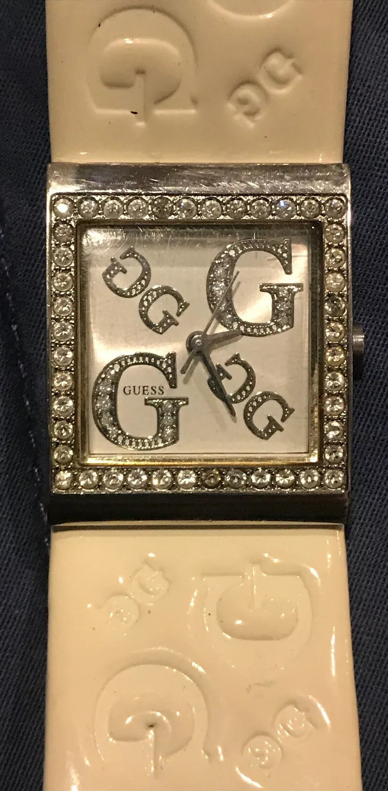 GUESS Women’s Teen Watch Cream Leather Band, Silver Dial W/ Rhinestones Y2K