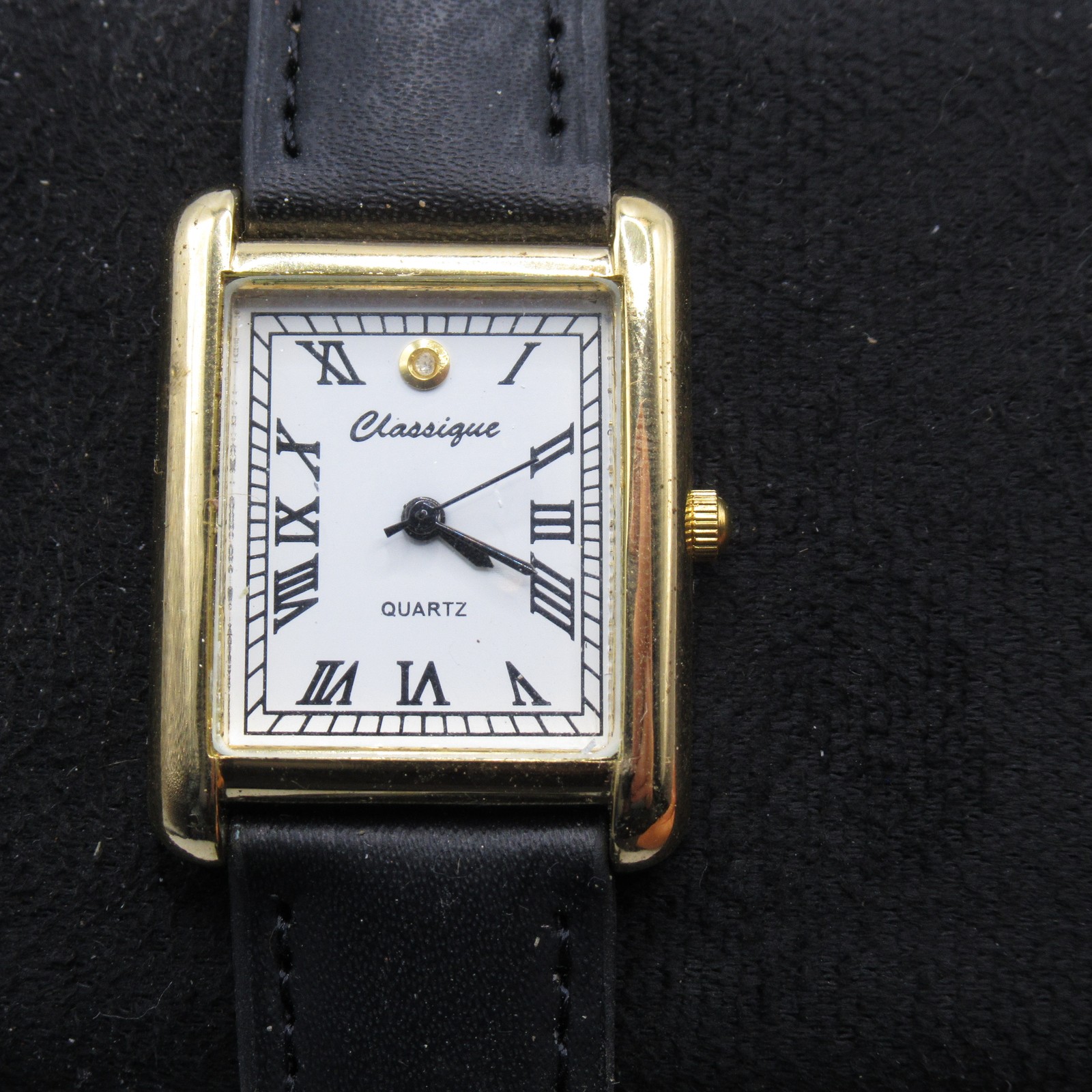Classique Women’s Gold Tone Rectangle Quartz Watch Black Genuine Leather Band
