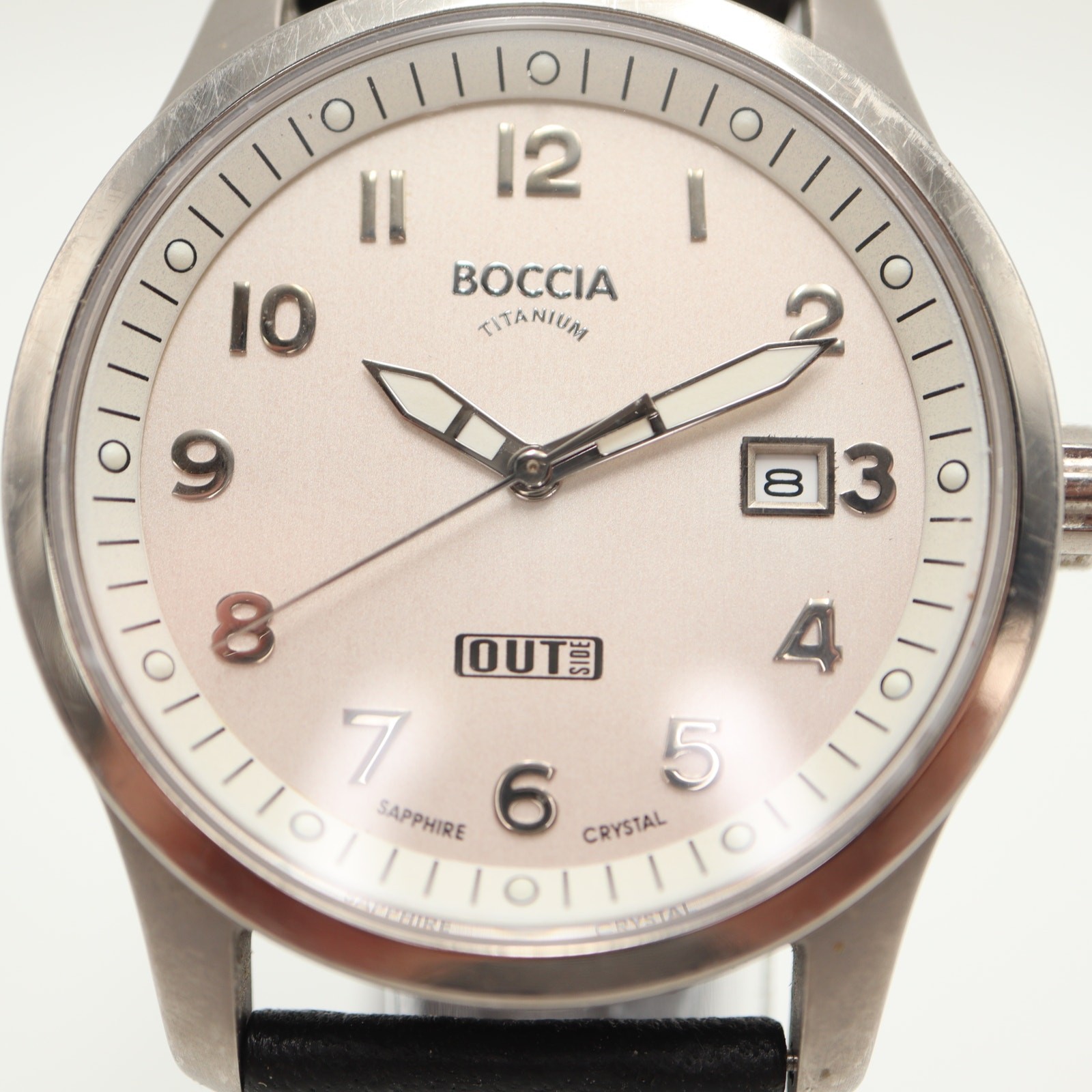Boccia Titanium Mens 38mm Date Watch Sapphire Crystal Black Leather New Battery