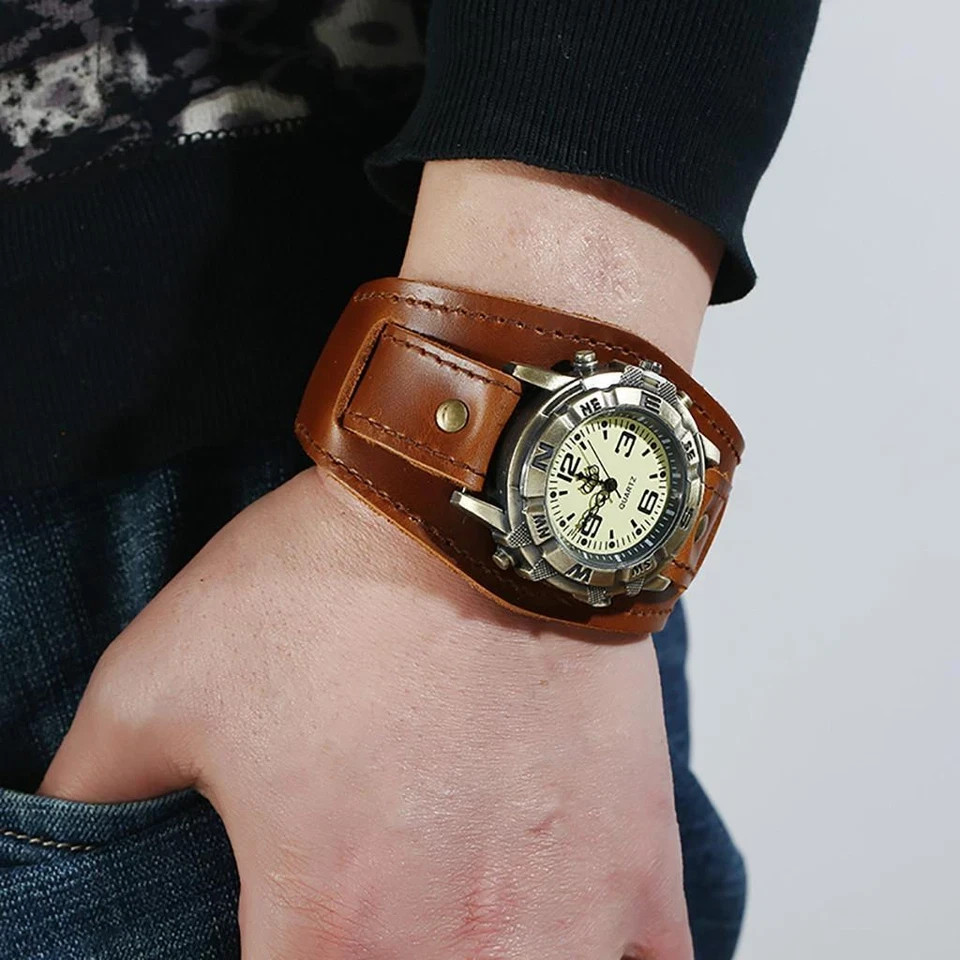 Vintage Retro Leather Cuff Bracelet Wide Band Steampunk Mens Quartz Wrist Watch⌚