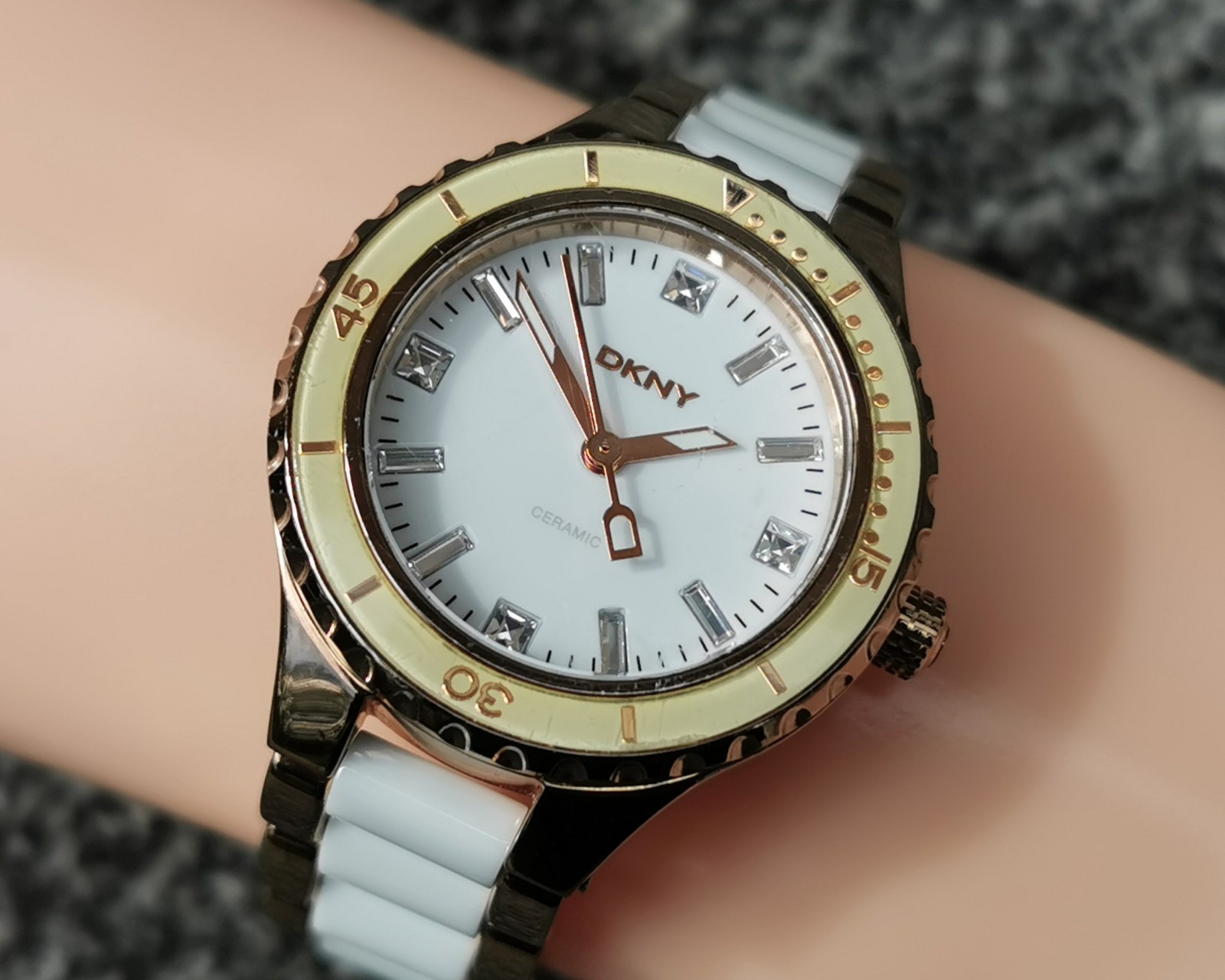 DKNY NY850 Rose Gold Watch, White Round Dial Ceramic Bracelet, Deployment Clasp