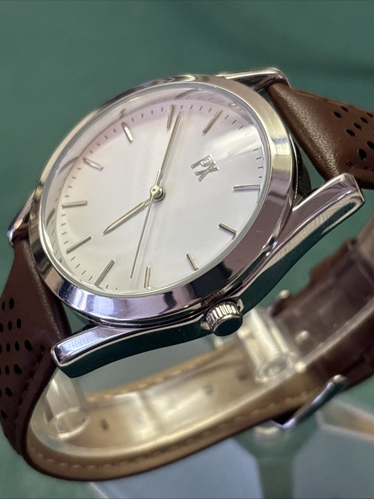 PX Perforated Leather Watch Brown Strap White Face 40mm Case