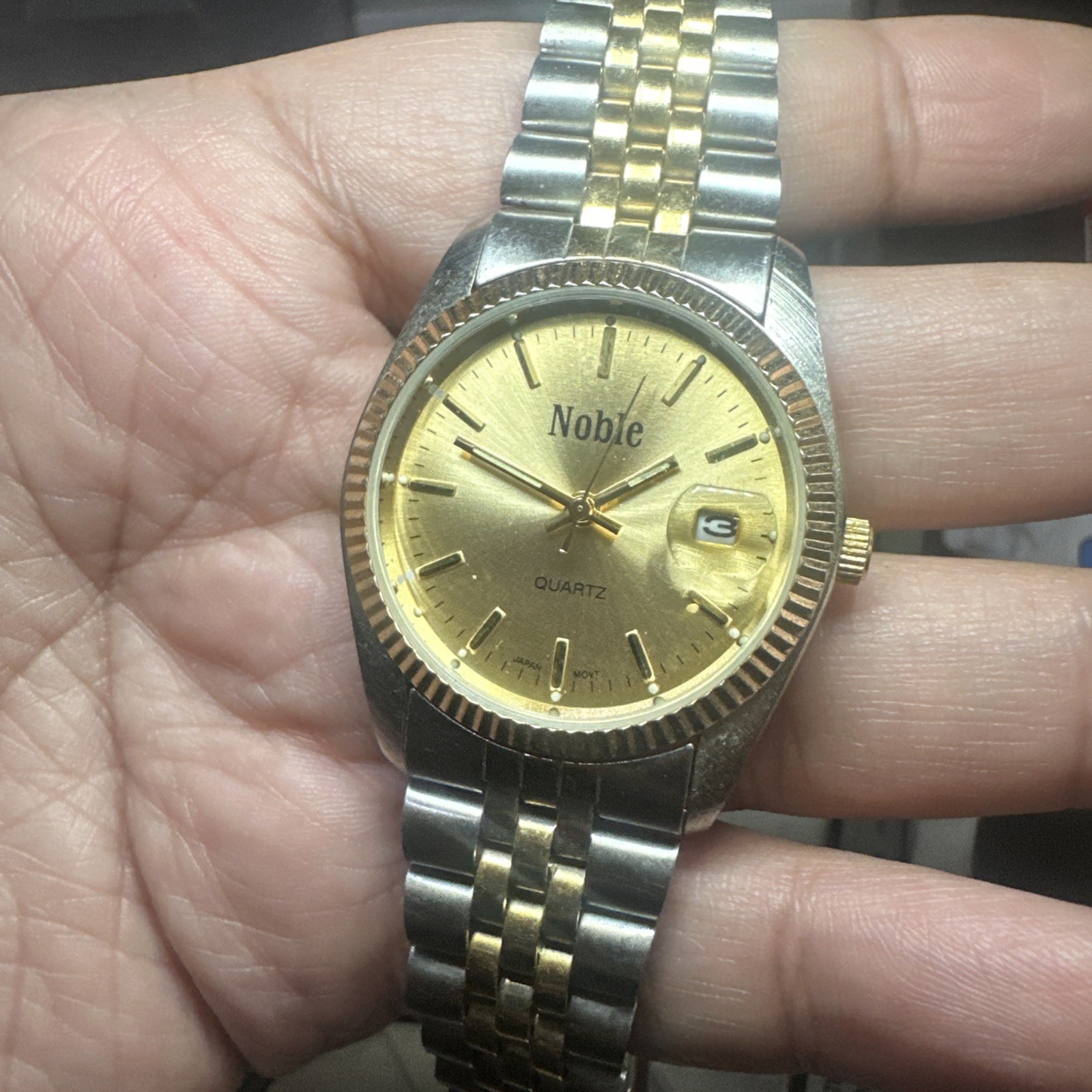 Working Noble President Quartz Men’s Watch Two Tone 35mm New Battery Fit 8in Run