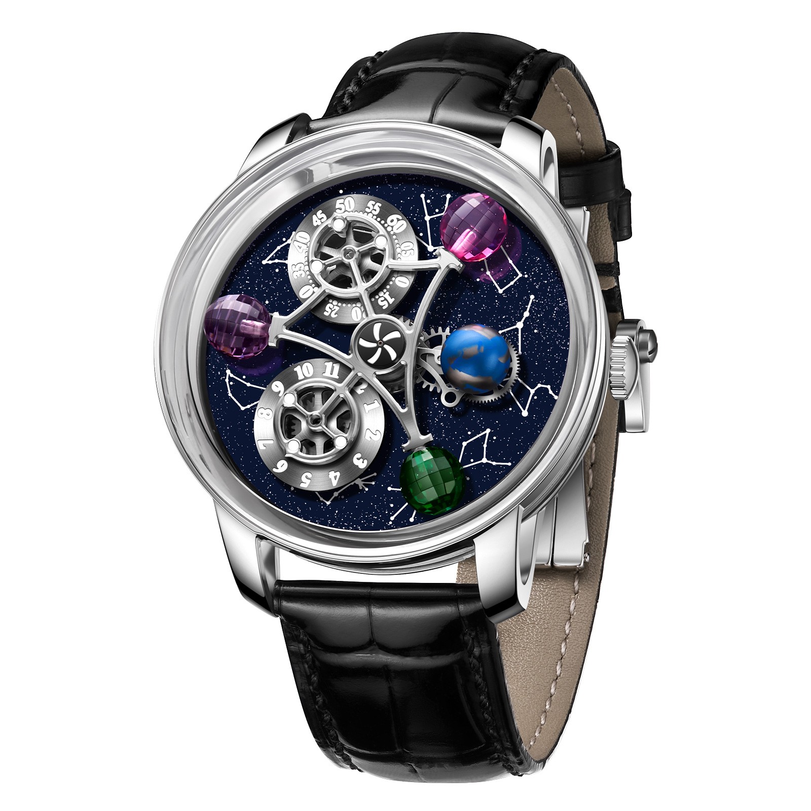 ‌PINDU Men’s Automatic Mechanical Watch Waterproof Leather Strap Unique Starry