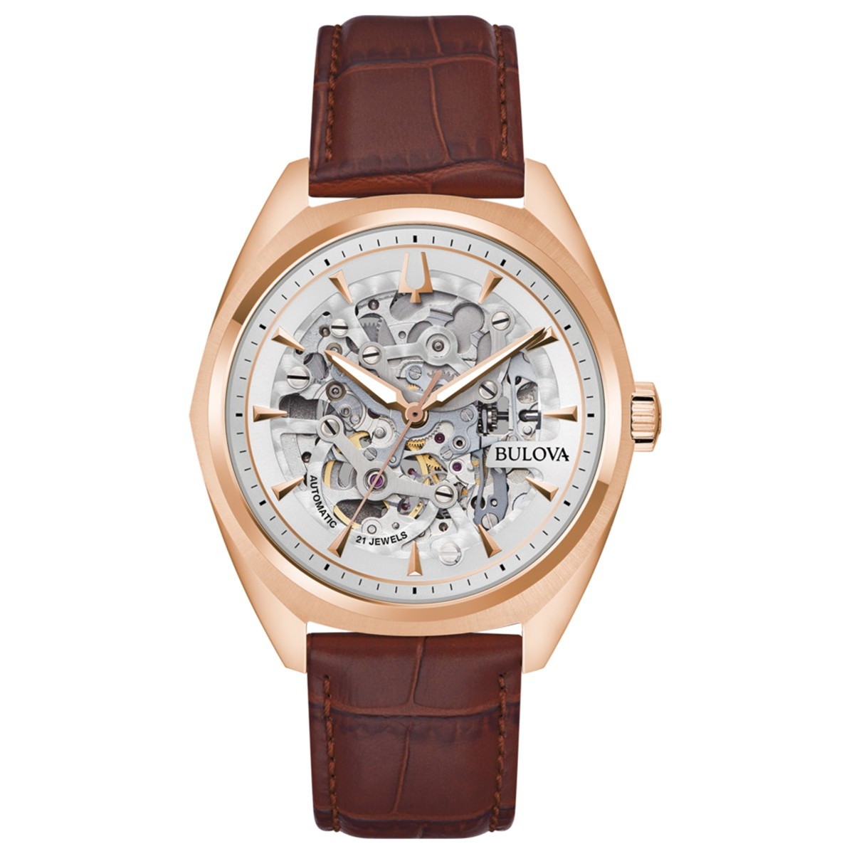 BULOVA Surveyor 97A175 Silver Skeleton Auto Rose Gold Men’s Watch New in Box​