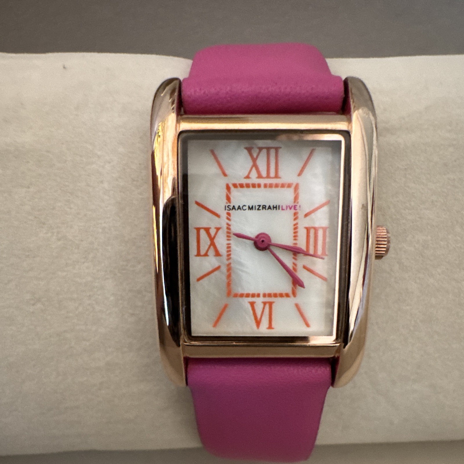 Isaac Mizrahi Live! Women’s Rectangle Quartz Watch Rose Gold, Pink Leather