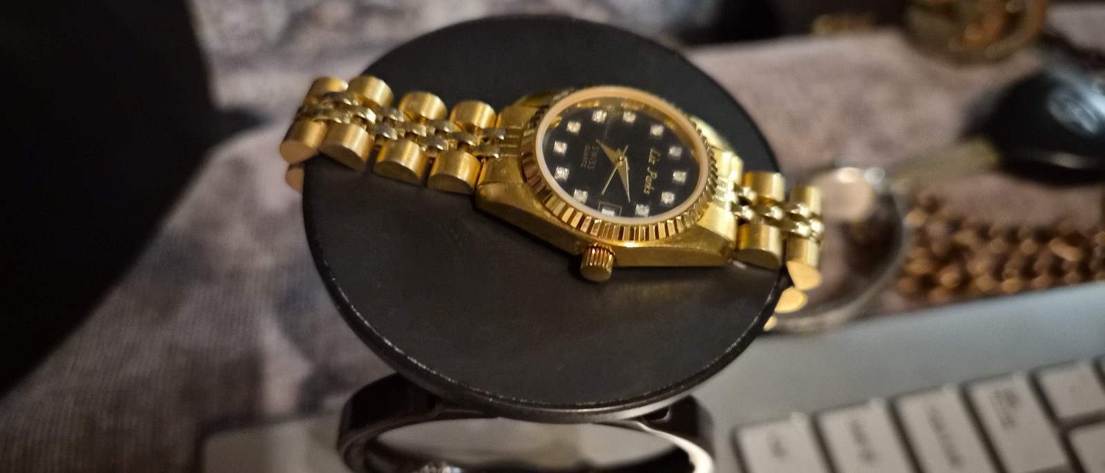 Liz Parks Women’s Gold Black Metal Analog Watch Day Date 22mm