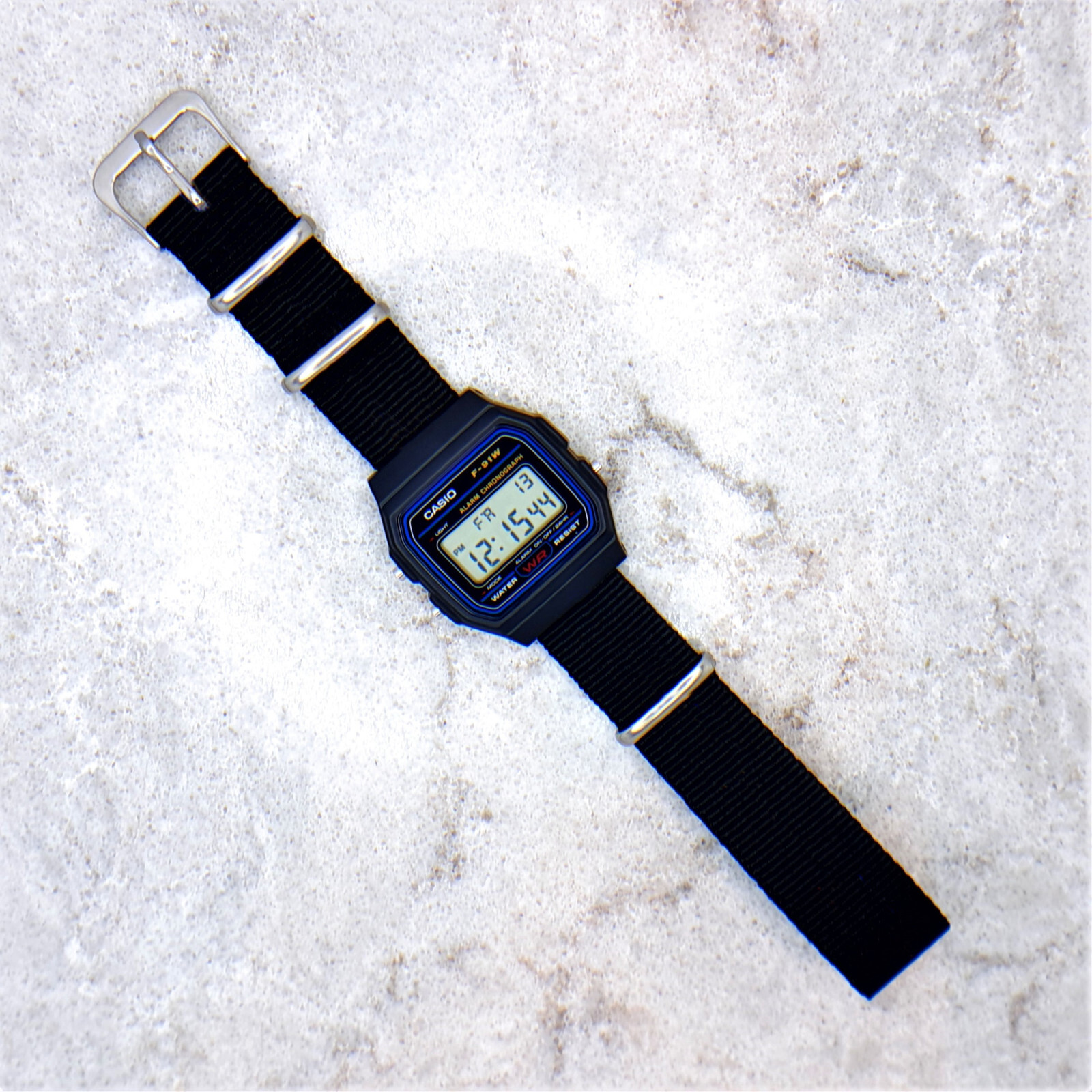 Classic Casio F-91W Watch on a Black Ballistic Nylon Strap, F-91W-1YEF