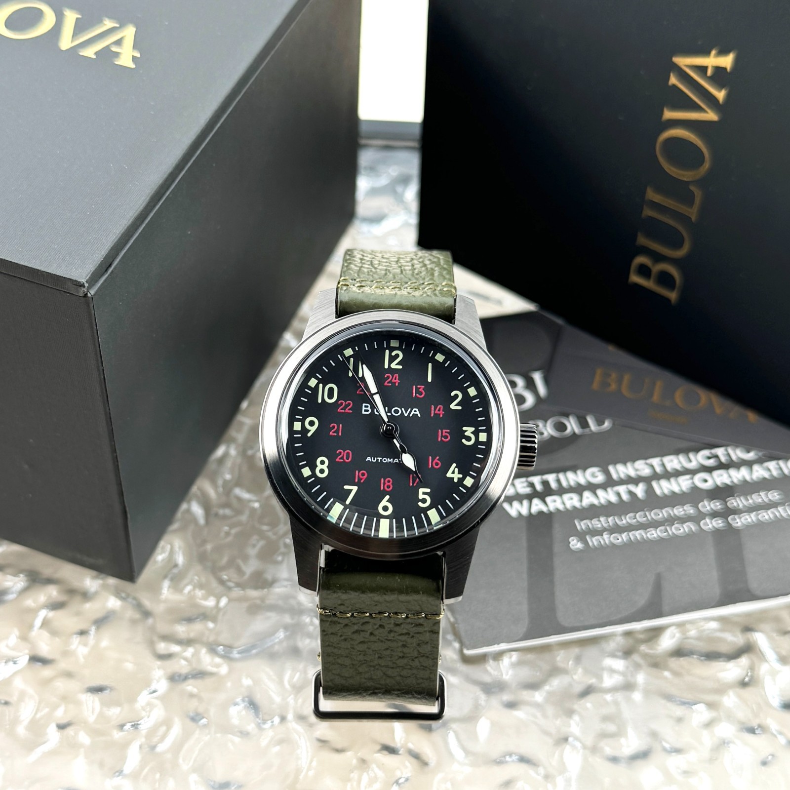 Bulova VWI Hack Automatic Black Dial Leather Strap Men’s Watch 98A255 38mm