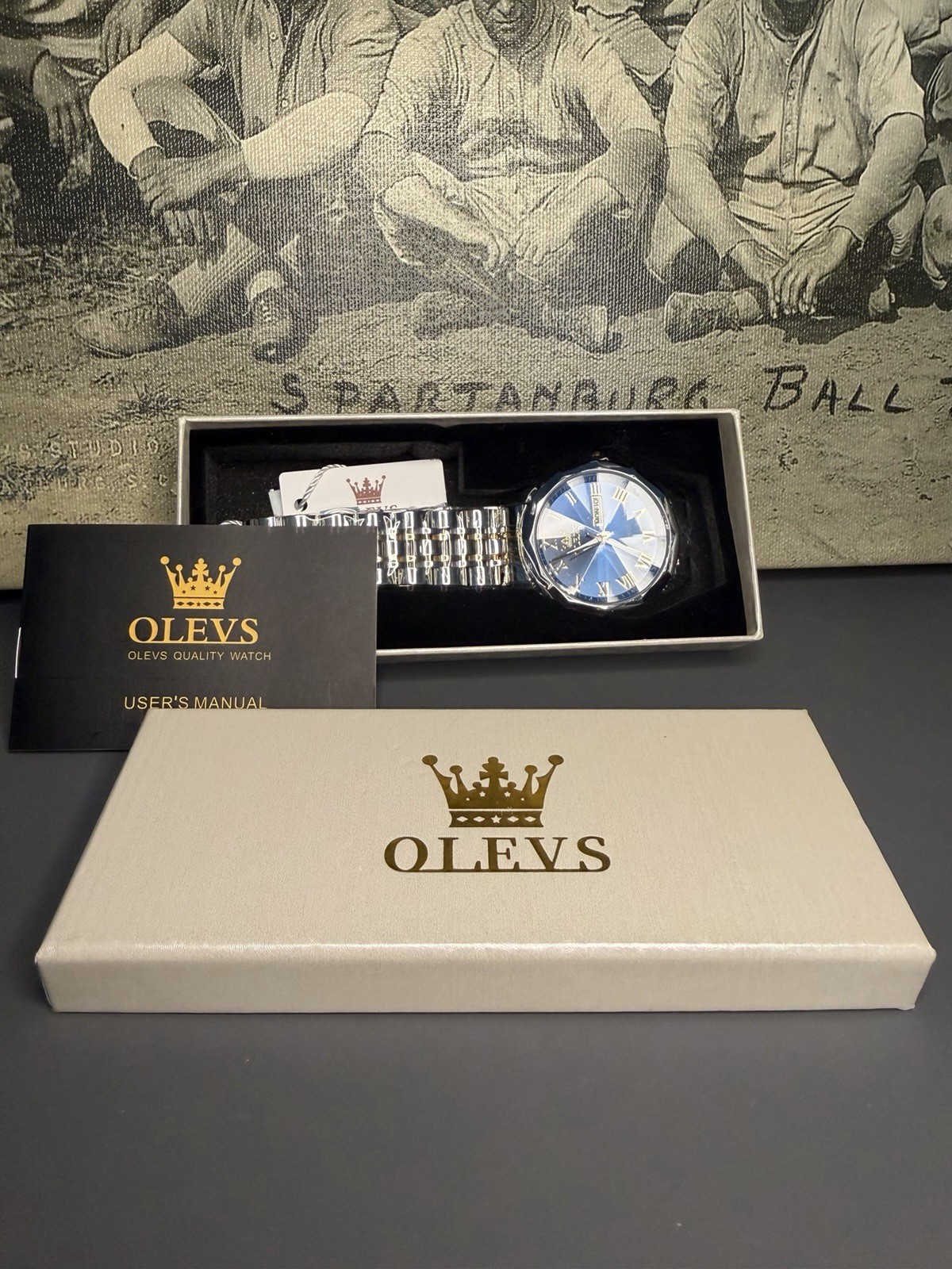 OLEVS Stainless Steel two Tone Day Date With Blue Dial. New In Box