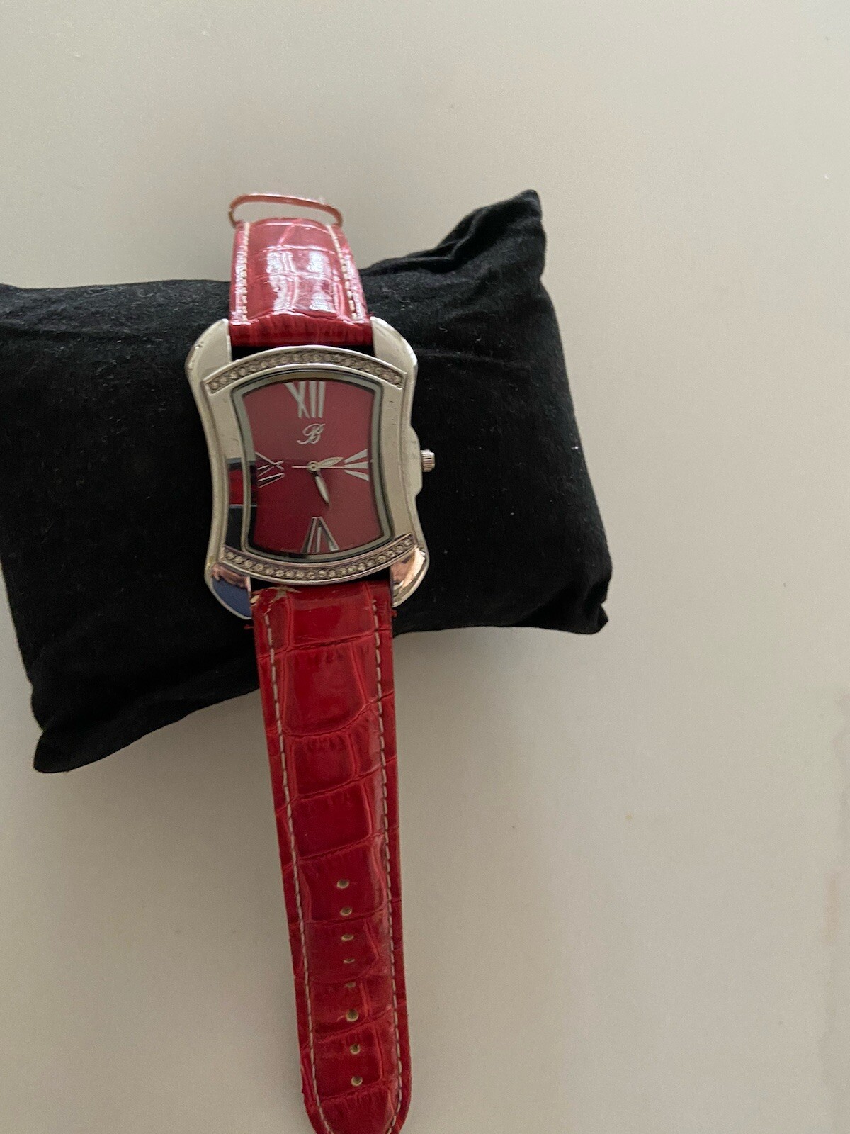 BURGI Rhinestone Stainless Red Croc Embossed Leather Quartz Wrist Watch Working