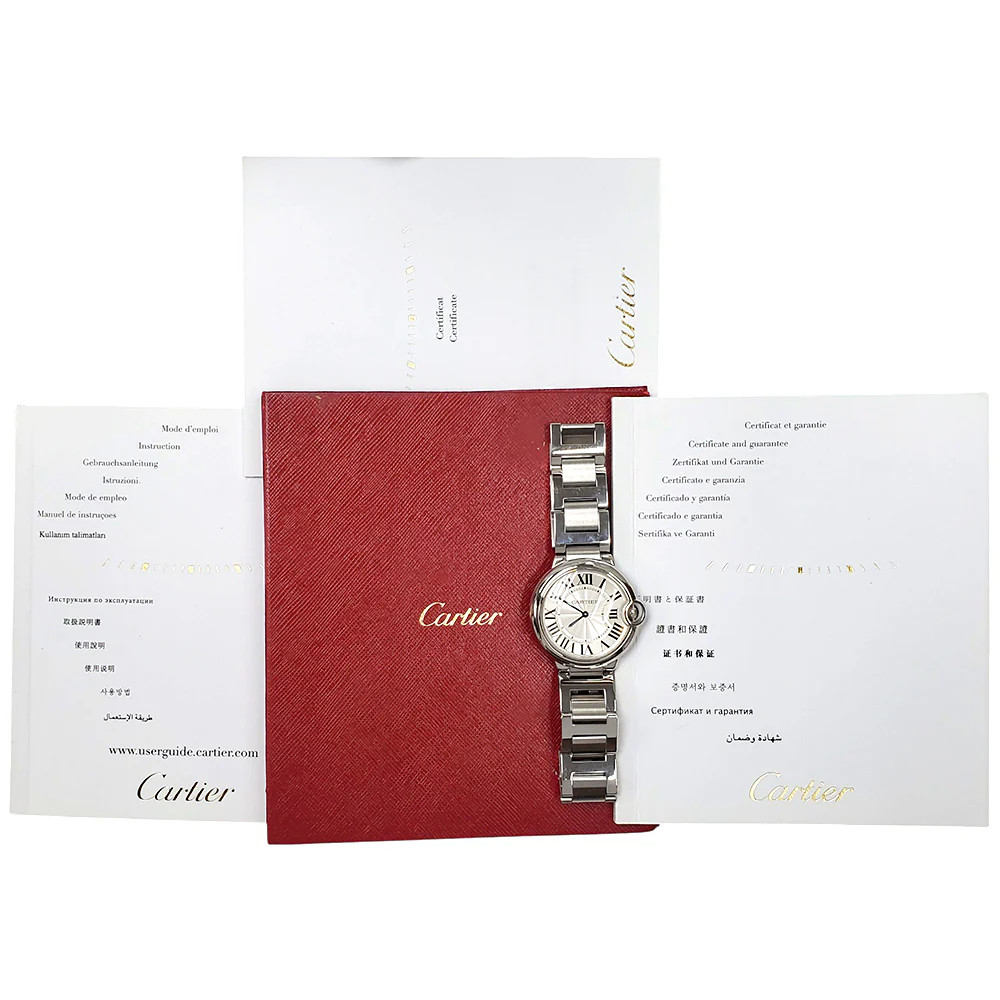 Cartier Ballon Bleu 36mm Silver Roman Quartz Steel Watch W69011Z4 3005 Papers
