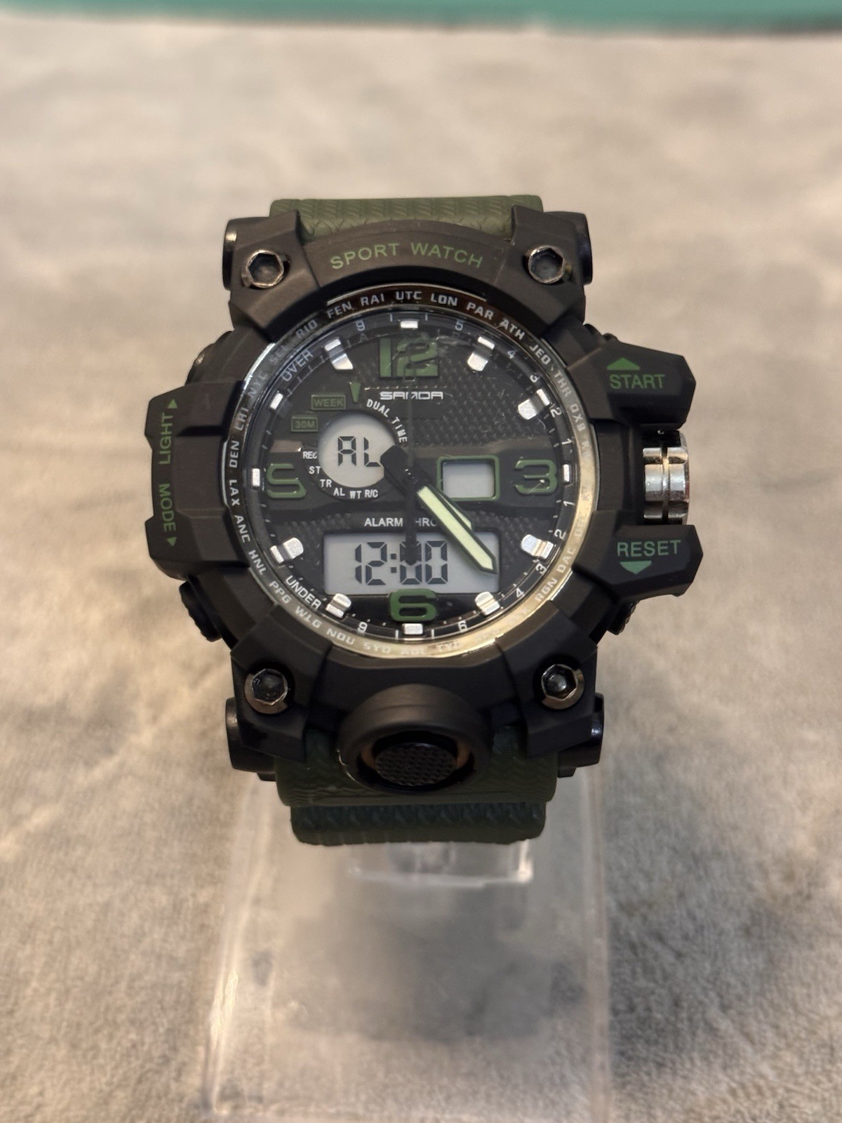 SANDA 742 Men’s Analog/Digital Quartz Watch 30m Alarm Dual Time Black & Green