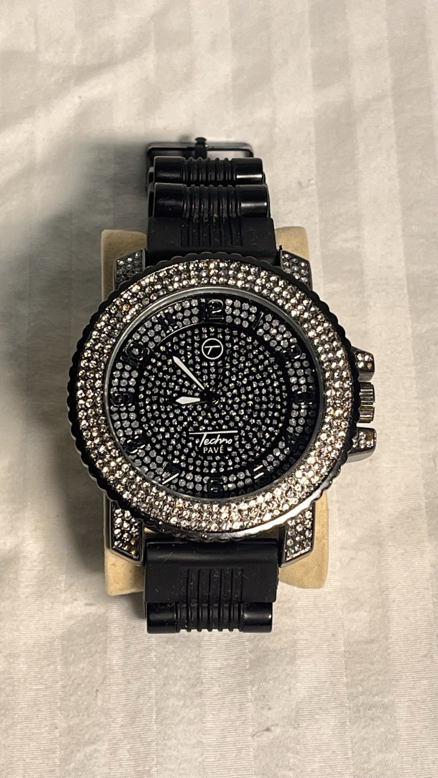 Techno Pavé iced-out fashion watch with a black dial, simulated crystal bezel