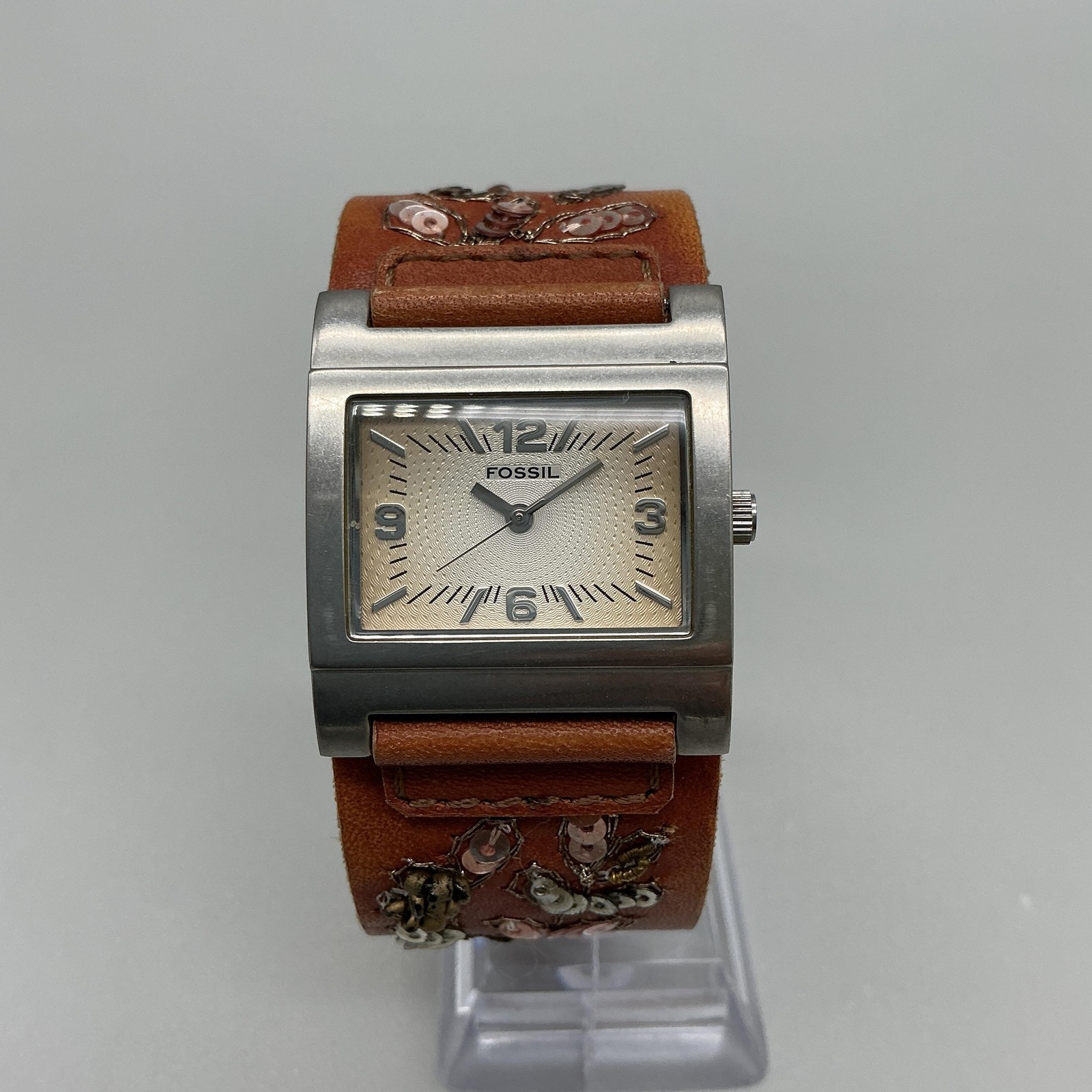 Fossil Womens Watch 30mm Cream Dial Brown Leather Floral Sequin Band New Battery