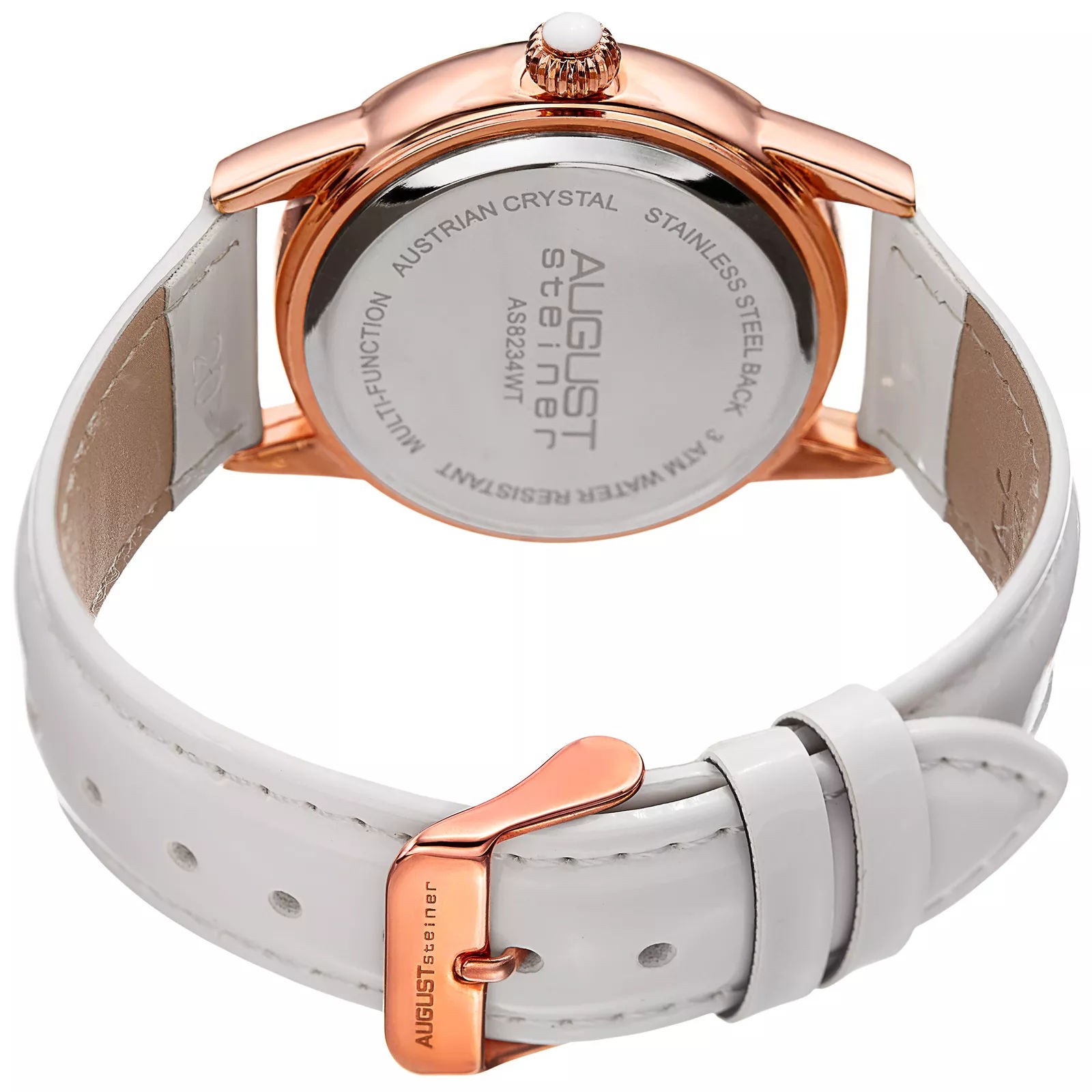 August Steiner AS8234WT Rose Day Date MOP Dial White Leather Strap Womens Watch