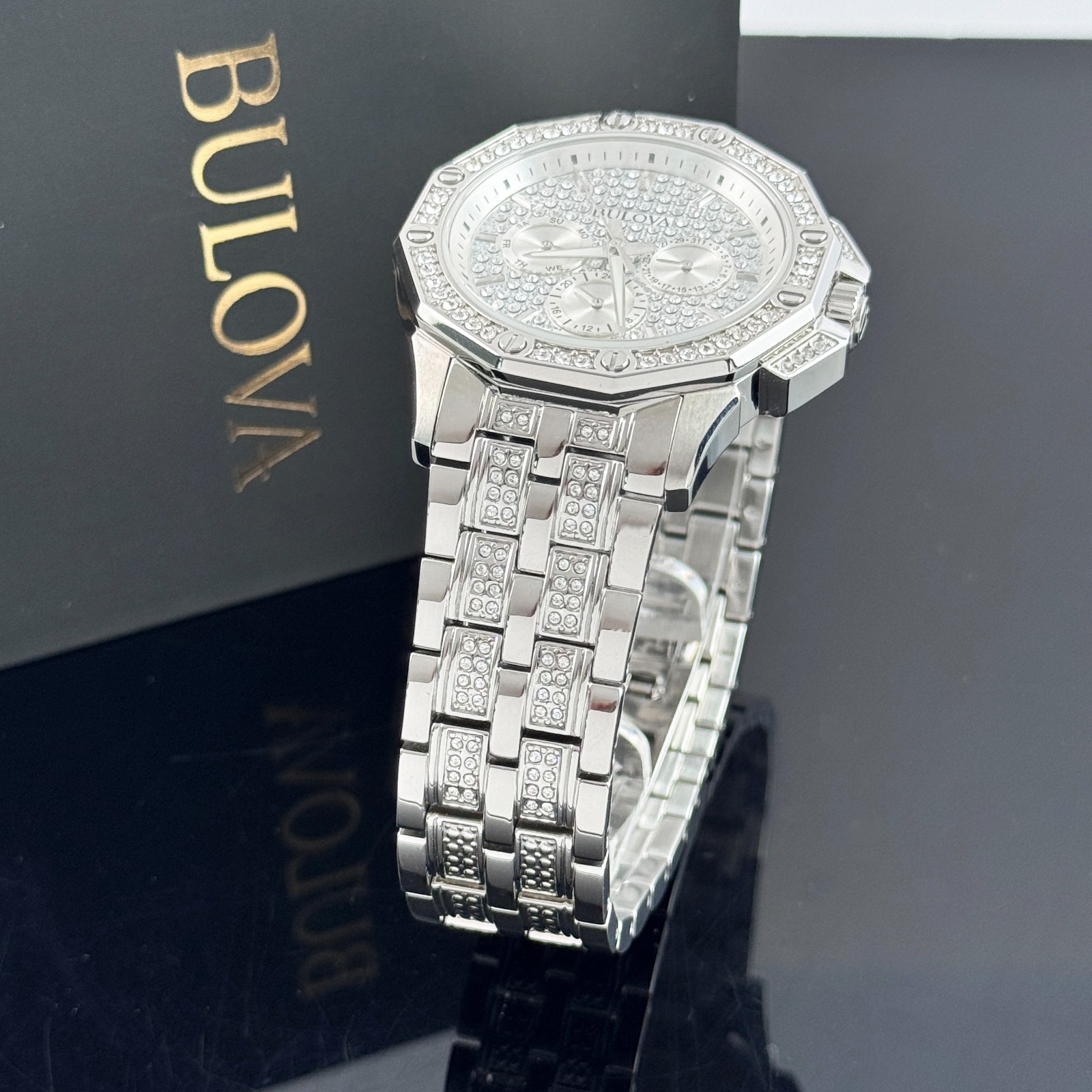 Bulova Men’s Octava Silver Pave Crystal Stainless Steel Quartz Watch 96C134