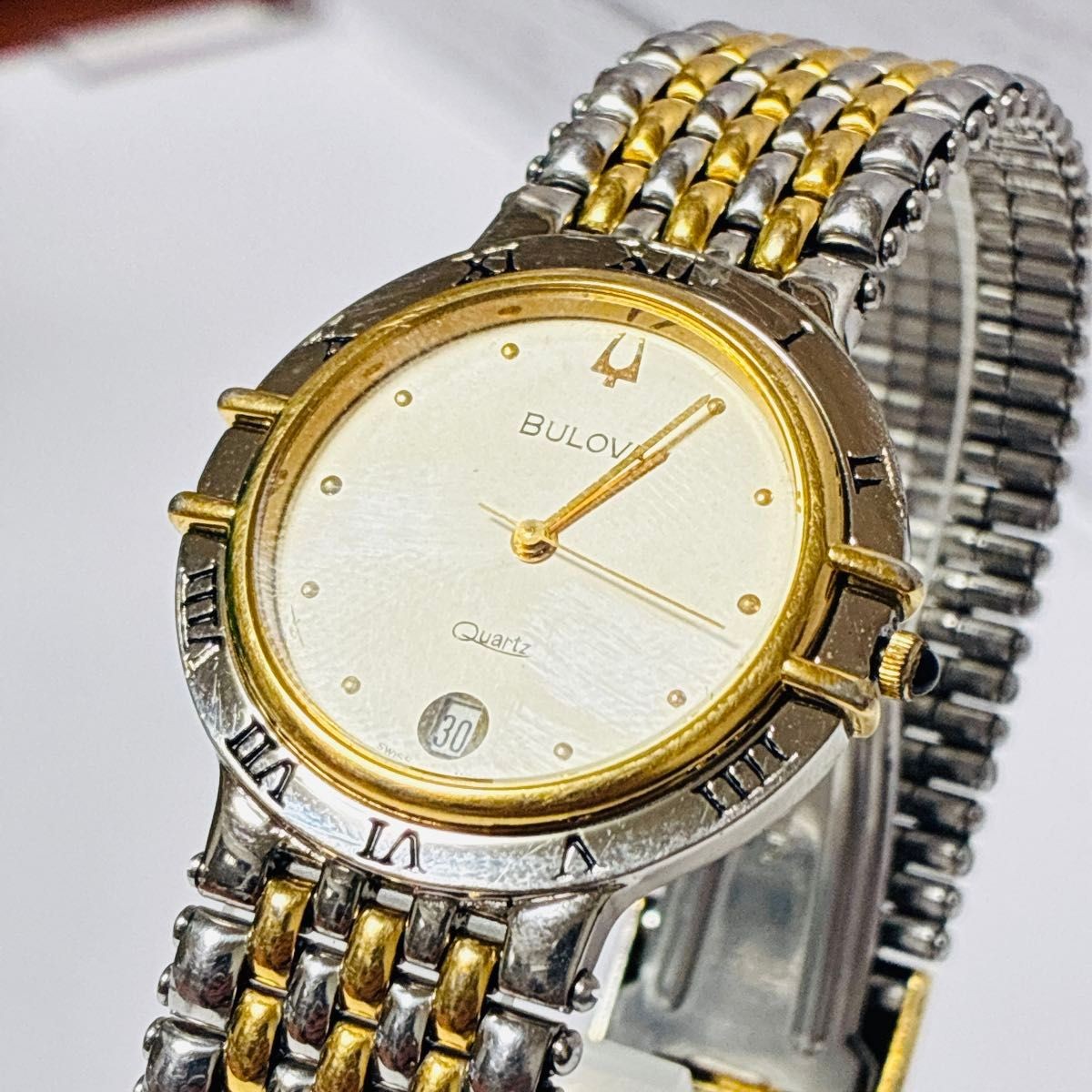 Rare Bulova Vintage Quartz Watch Two-Tone Date Roman Dial Men Women