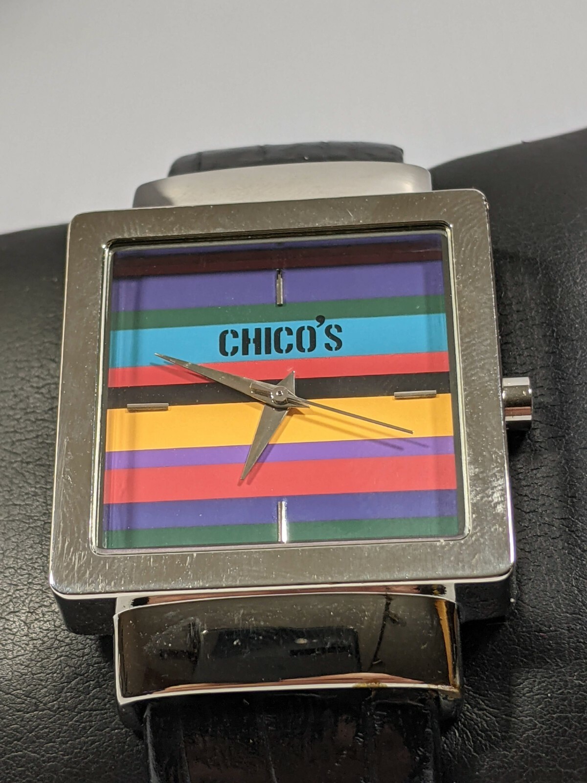 Chico’s Silver Tone Purple Blue Red Yellow Face Black Hinge Band Watch 6 Inch