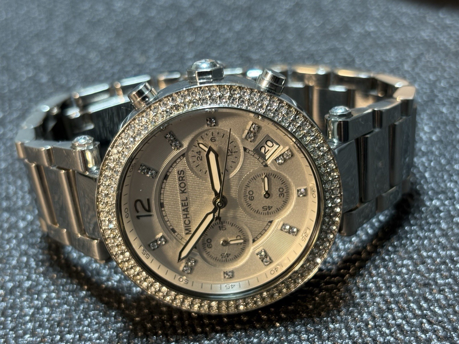 Michael Kors Women’s Parker Watch MK5353 Silver Tone Chronograph Gemmed Bezel #3