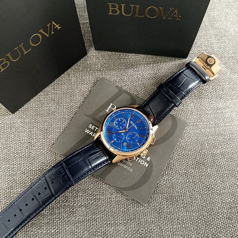 Bulova Wilton Men’s Blue Dial Croco Pattern Leather 97B170 Quartz Watch 46.5mm