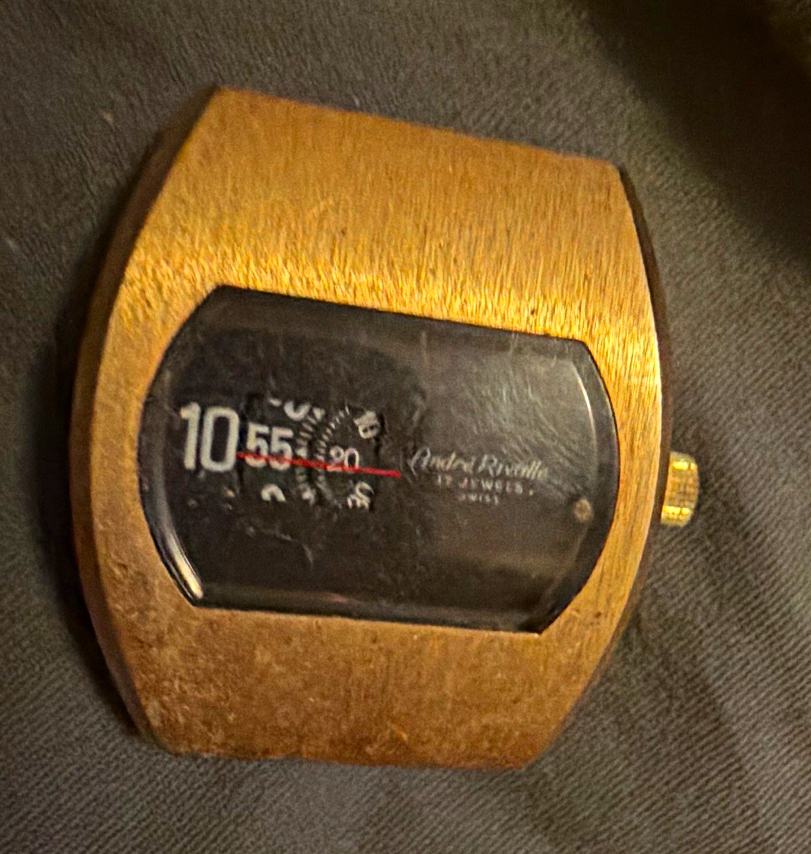 Andre Rivalle Jump Hour Swiss Made Manual Wind Black Dial Gold Cushion Watch