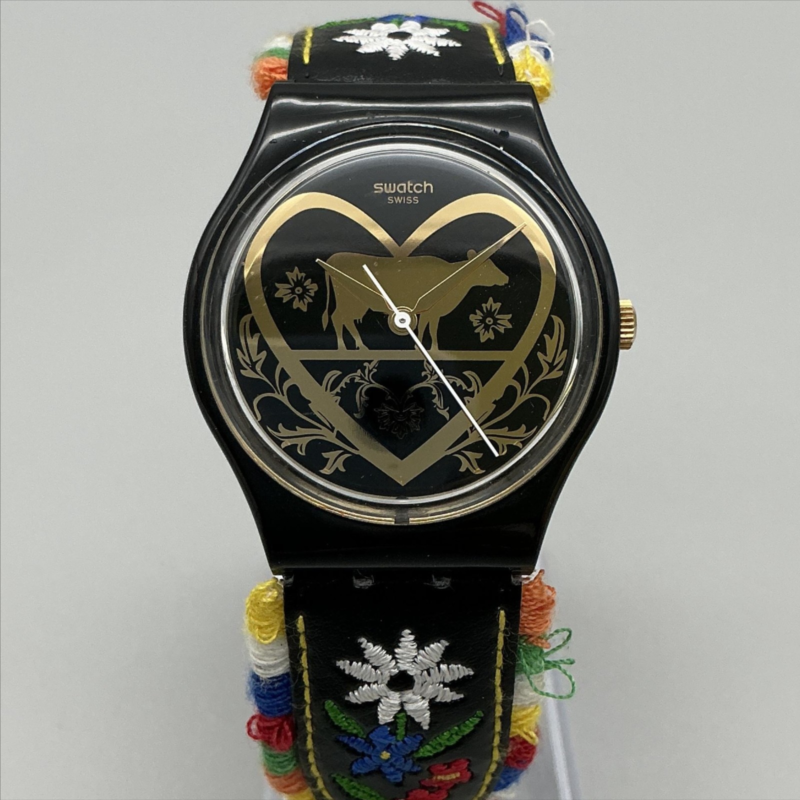 Swatch Die Glocke Mens Watch 33mm Black Embroidered Leather Bell New Battery