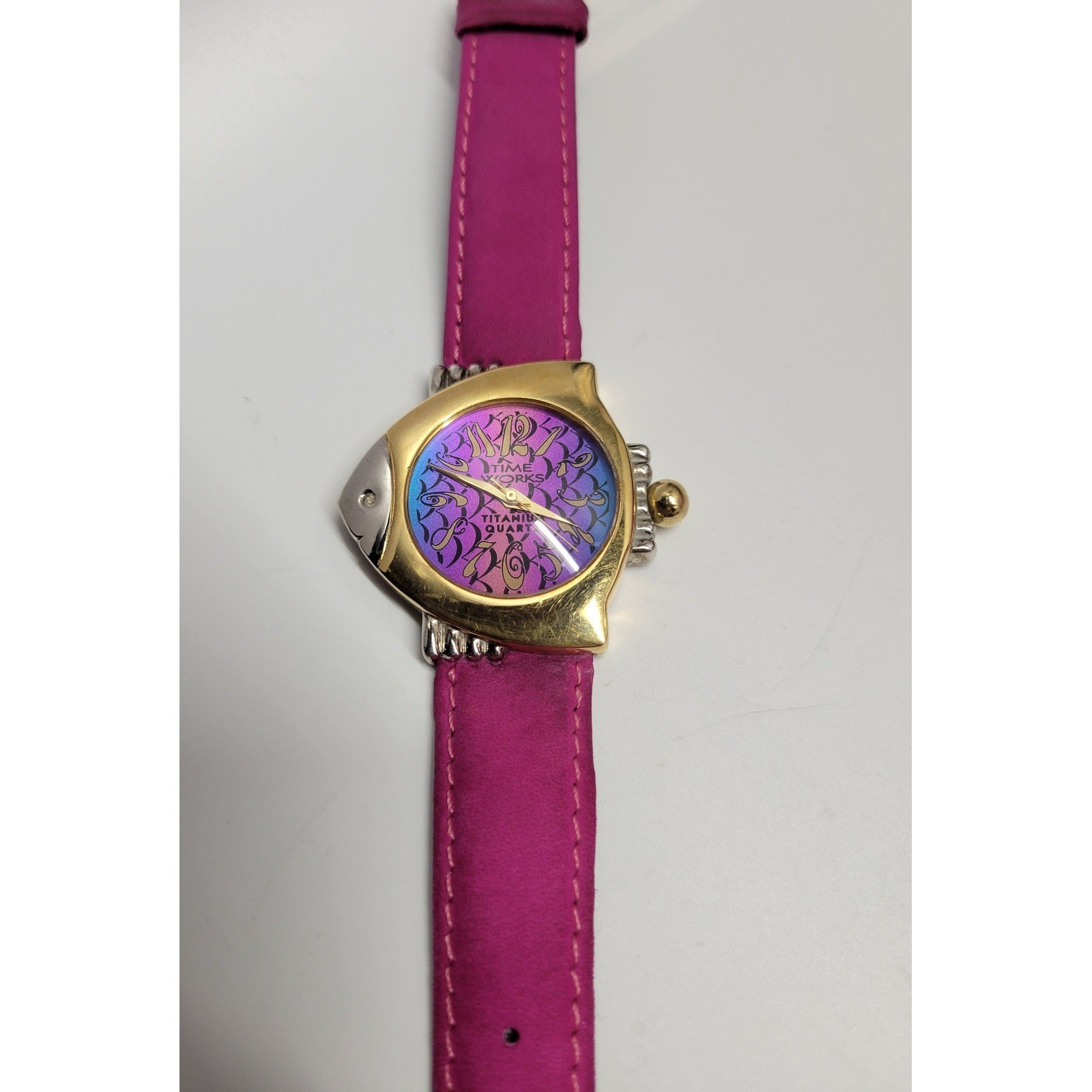 Time Works Vintage Fish Shaped Watch Titanium Quartz Pink Leather Strap Purple