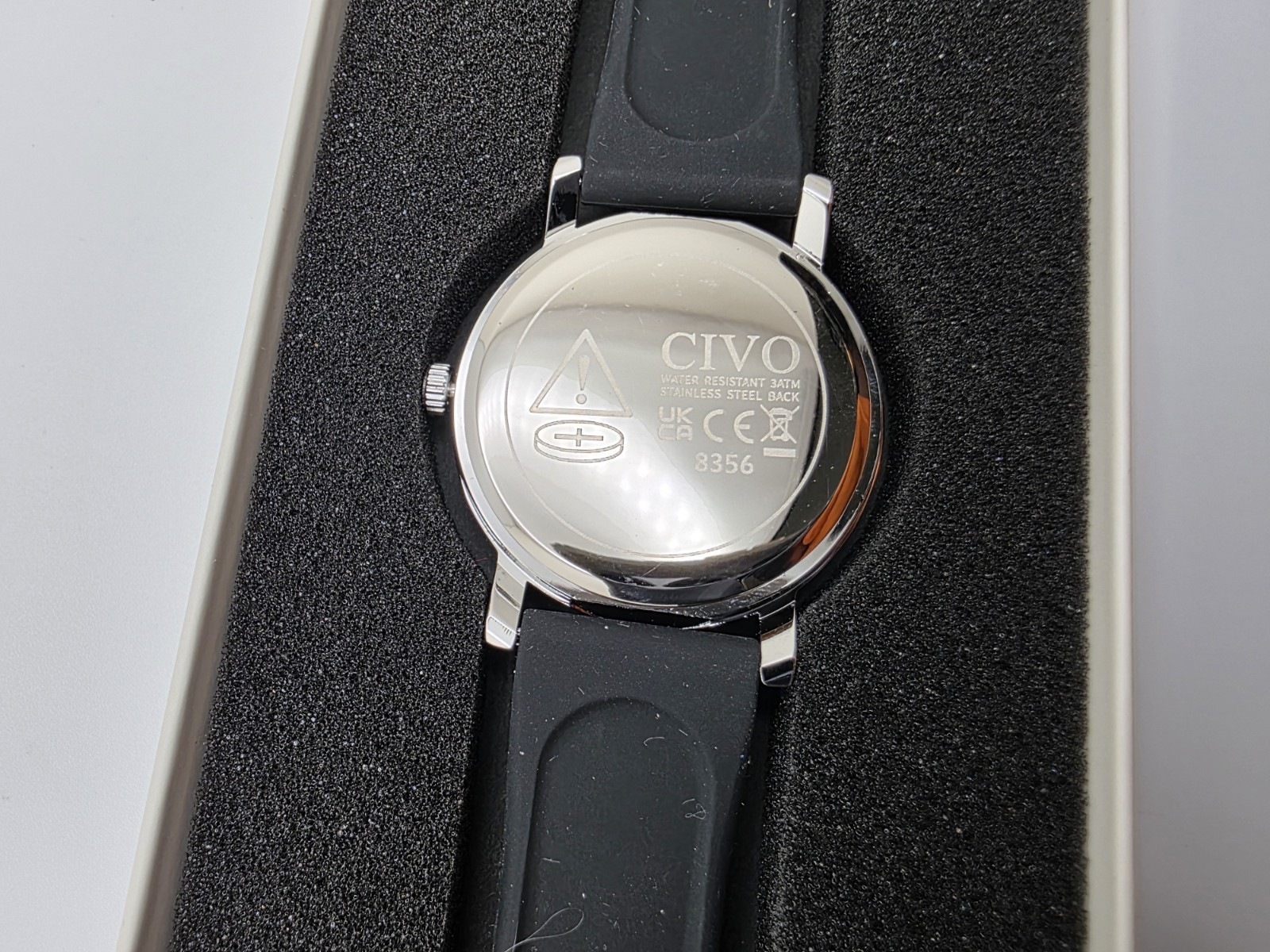 CIVO 8356 Quartz Analog Watch White Dial Black Silicone Strap 40mm 30m Box