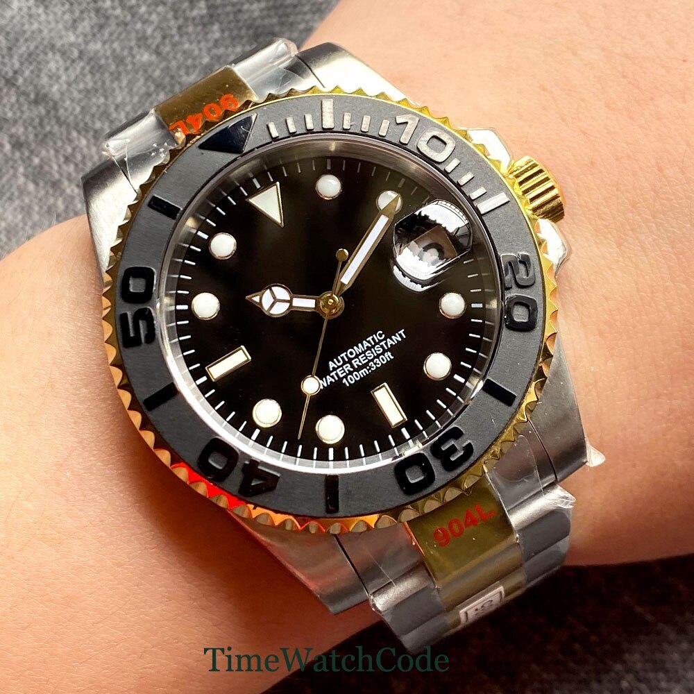 NH35A Gold Plated Mens Automatic Watch 40mm Black Dial Sapphire Crystal Date