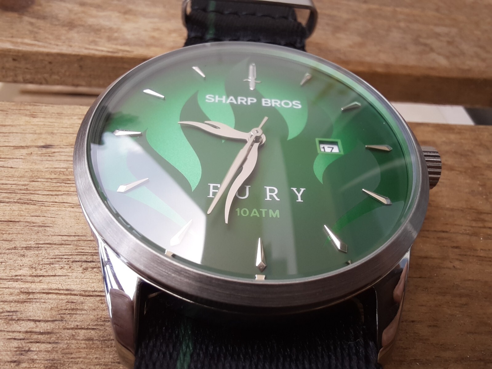 Sharp Bros Fury Watch Green Inferno Face Quartz 42mm Black One Piece Nylon Strap