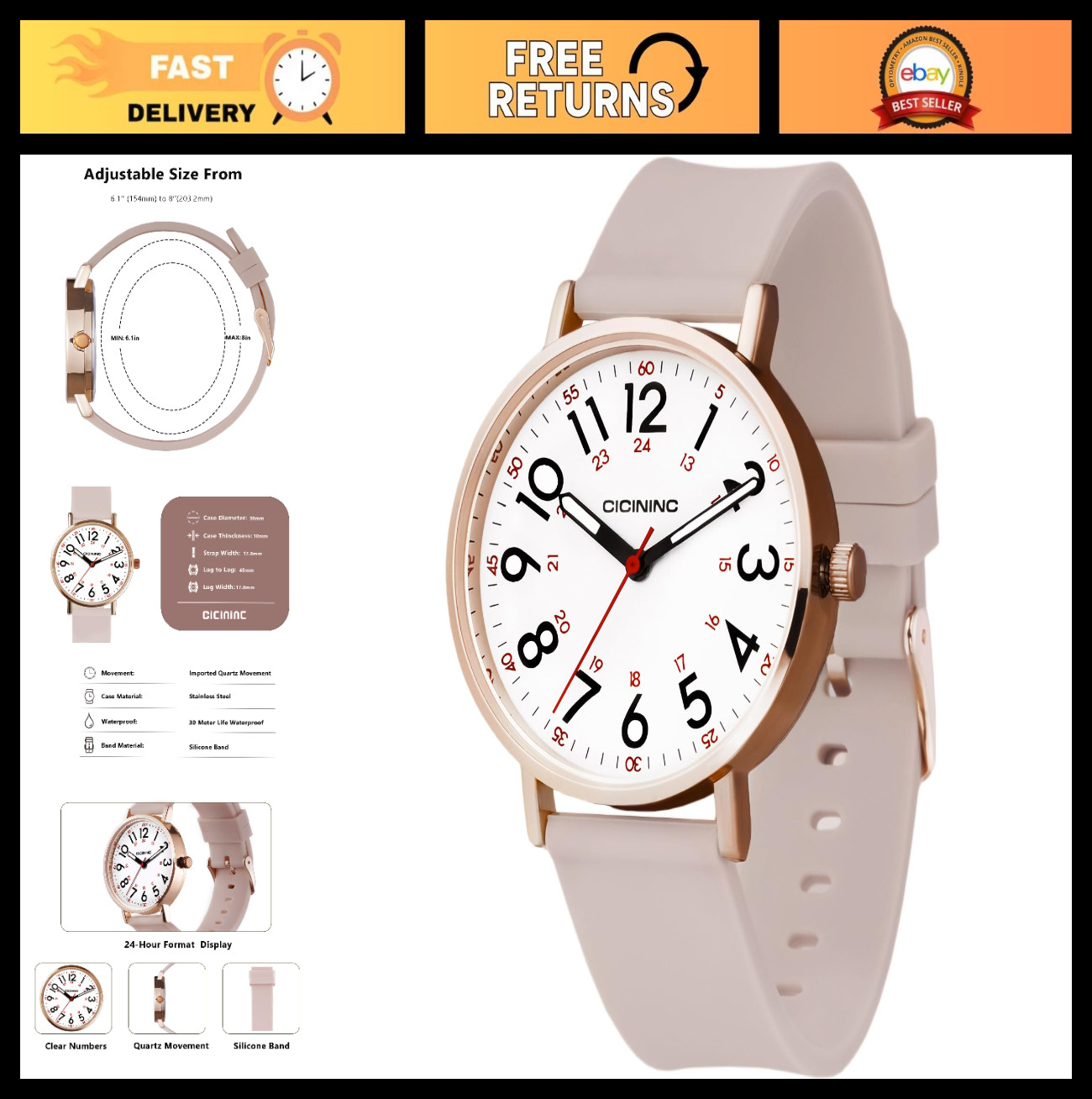 Nurse Watch for Women – Analog Nursing Timepiece with 12/24 Hour Format & Second