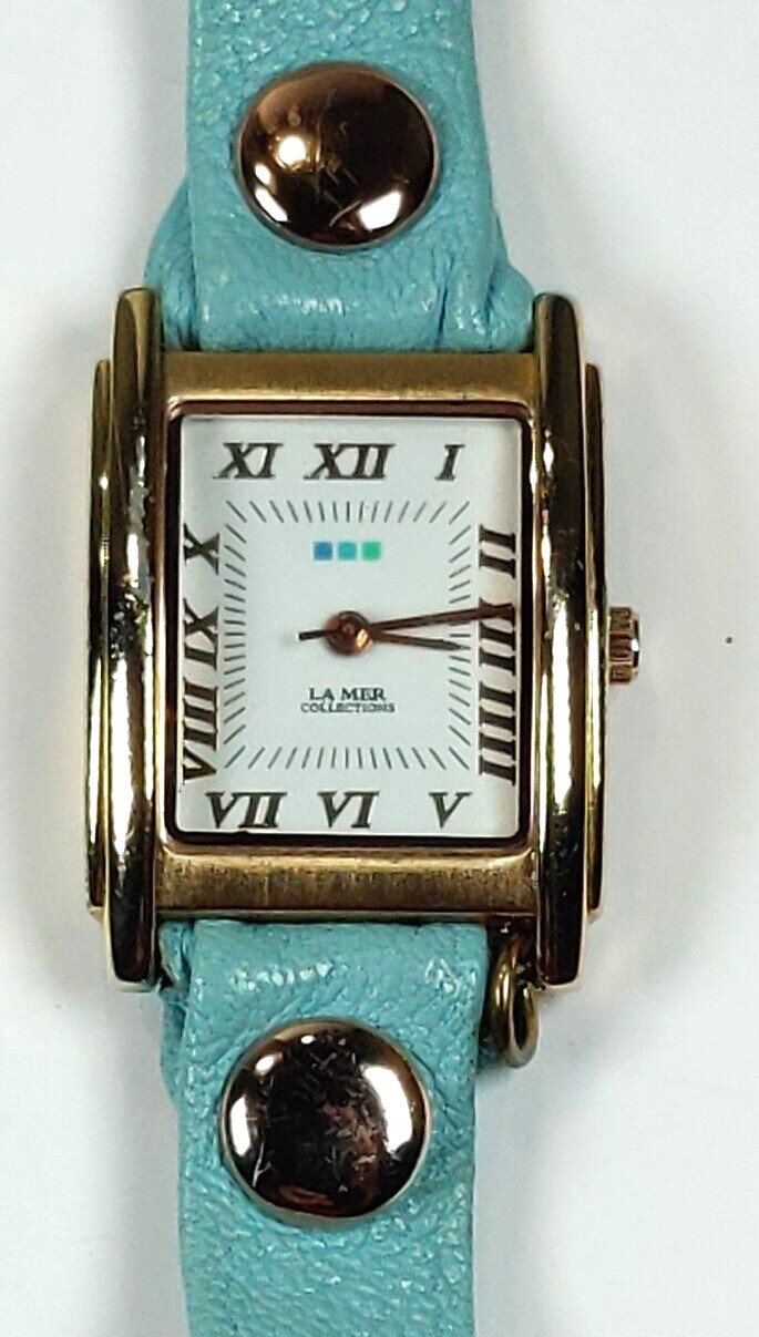 LA MER WOMENS WATCH UNIQUE TEAL WRAP AROUND LEATHER STRAP; GOLD CASE WORKS!
