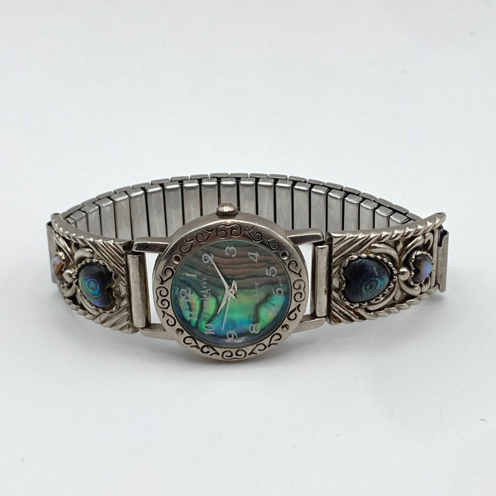 LA Express Womens Watch Abalone Heart 22mm Silver Tone Stretch New Battery 6″
