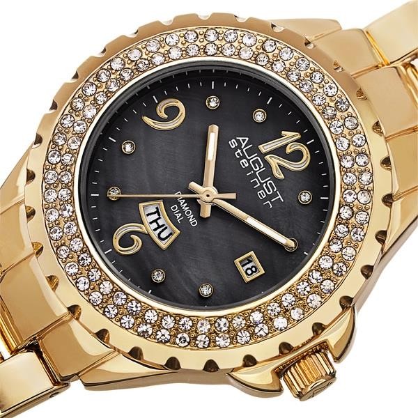 August Steiner AS8156YG Day Date Diamond Bezel MOP Dial Goldtone Womens Watch