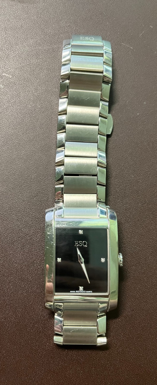 ESQ Movado Rectangular Silver Watch – Black Dial w/Diamond Markers
