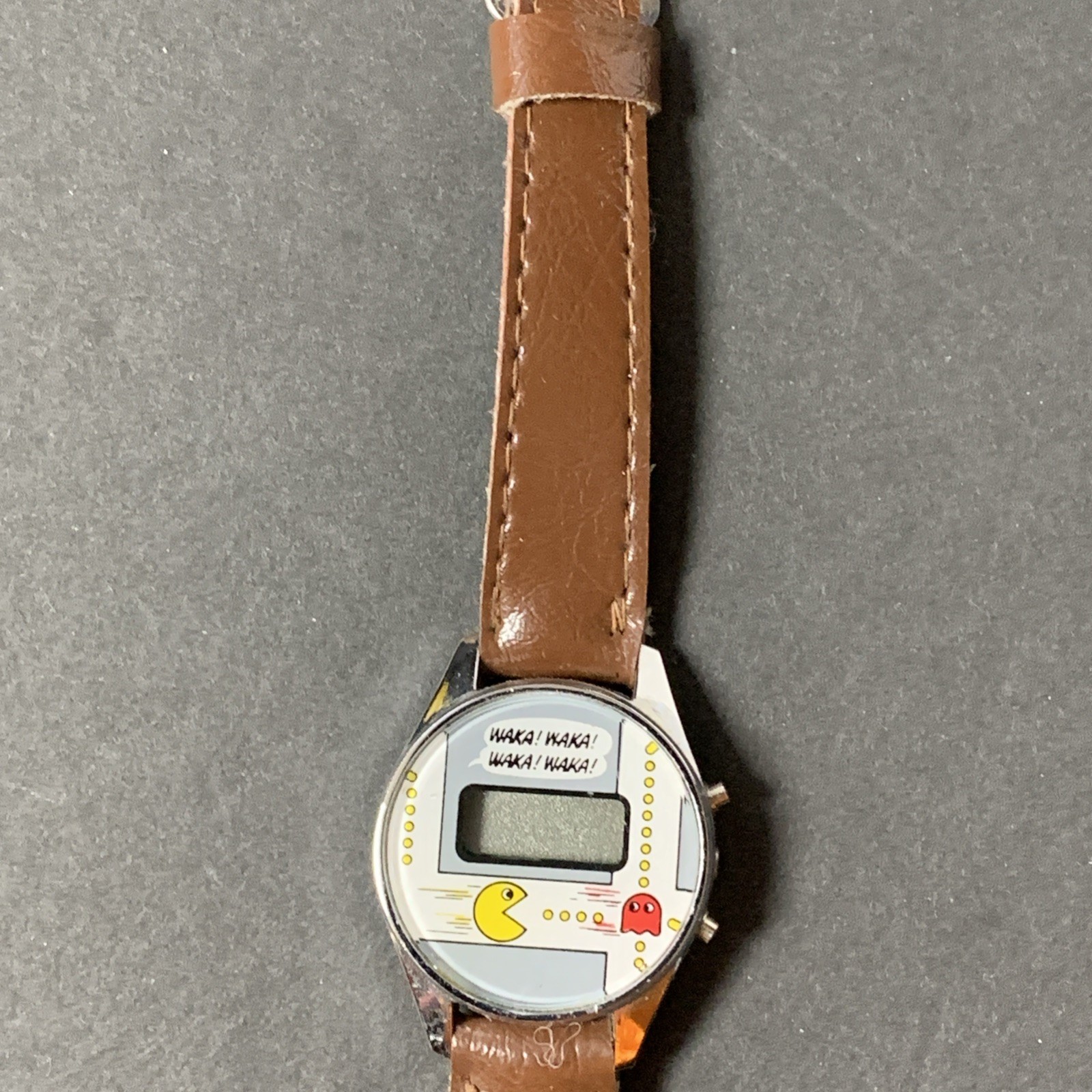 Vintage 80’s Pac-Man Watch w/Leather Band – Pac-Man & Blinky – Made in Hong Kong
