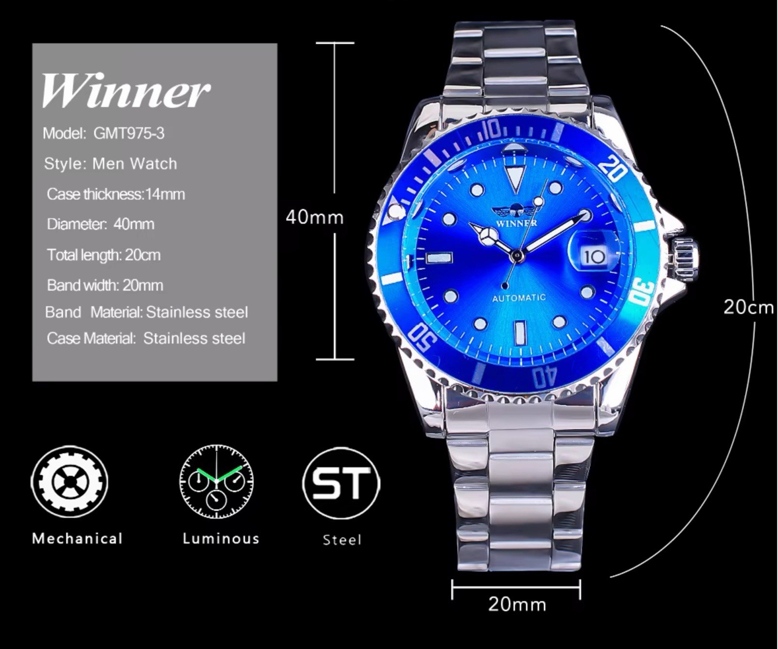 Luxury Mens Stainless Steel Automatic Winner Waterproof Watch Great Gift Idea