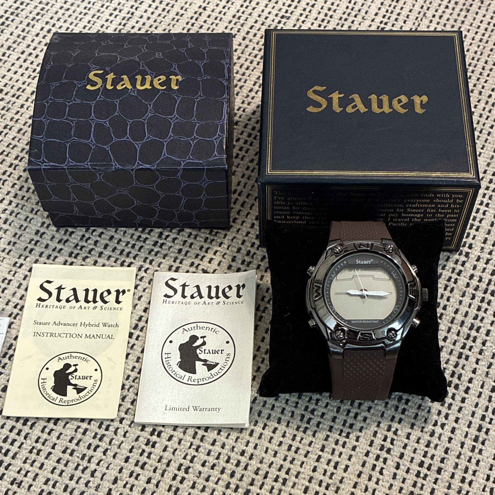 Stauer 24609 Hybrid Quartz, Gunmetal Case Brown Rubber Strap w/Box and manual