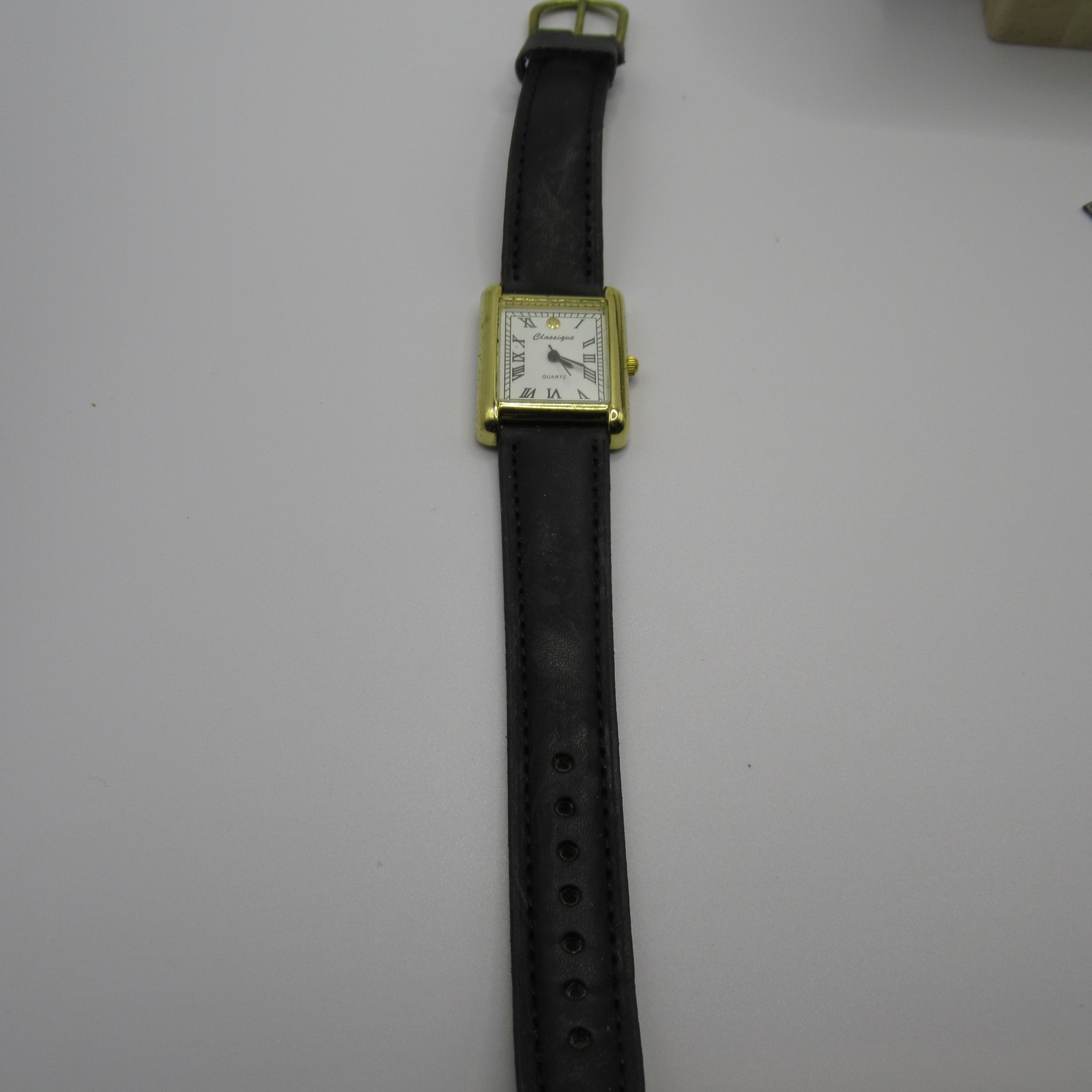 Classique Women’s Gold Tone Rectangle Quartz Watch Black Genuine Leather Band