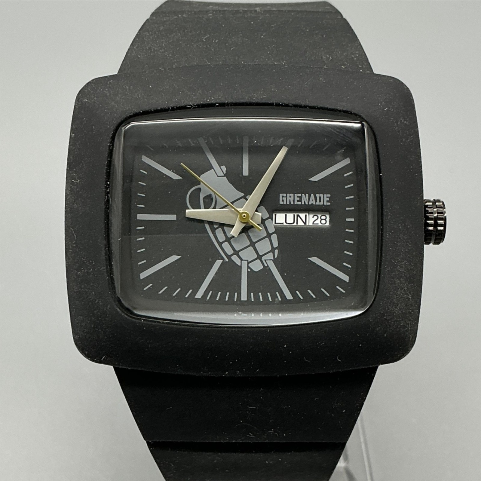 Grenade Mens Watch 46mm Black Gray Dial Grenade Logo Day Date New Battery