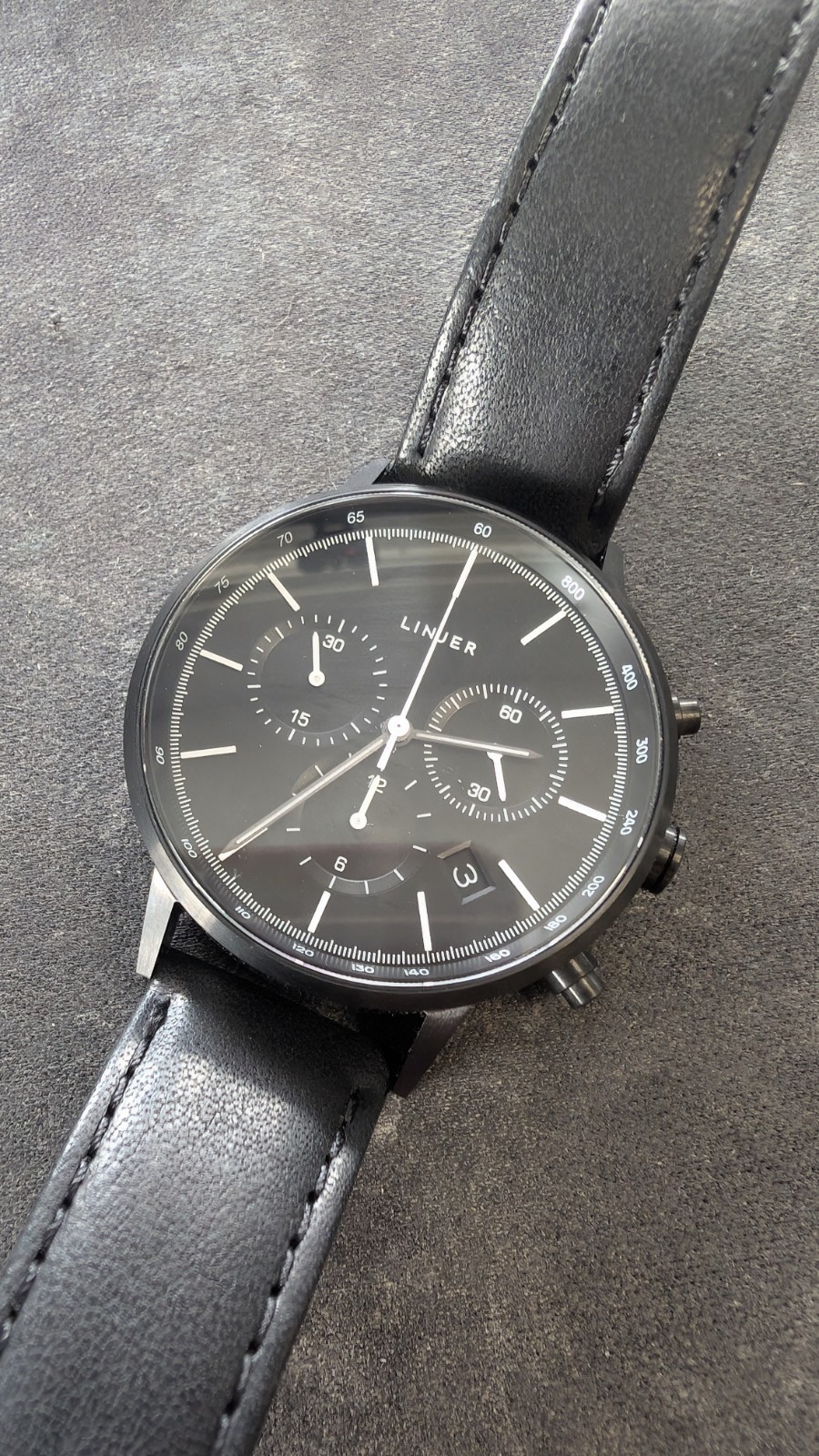 Rare Linjer Chrono Black Dial Quartz Watch – Sleek Minimalist Design! w/box&card