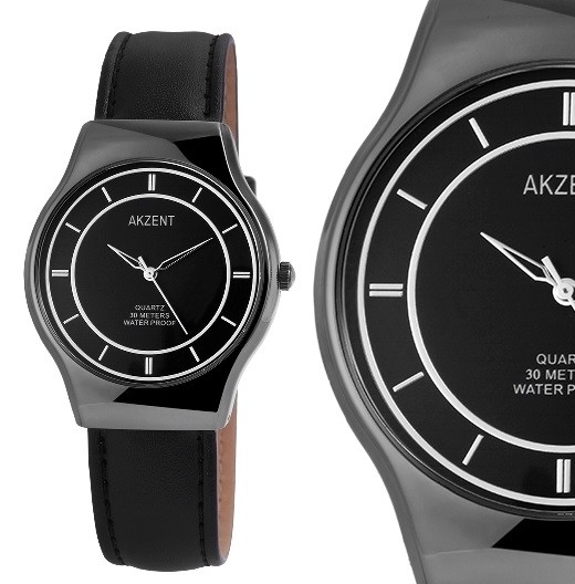 Men’s Wristwatch Charcoal/Black 3ATM Faux Leather Strap by AKZENT