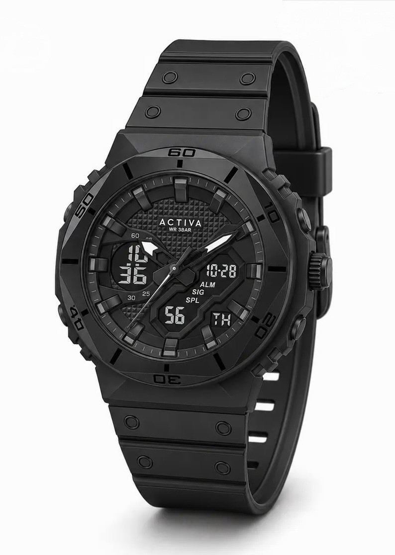 Activa Sport Men’s Quartz Analog-Digital Alarm 48mm Black Rubber Strap Box