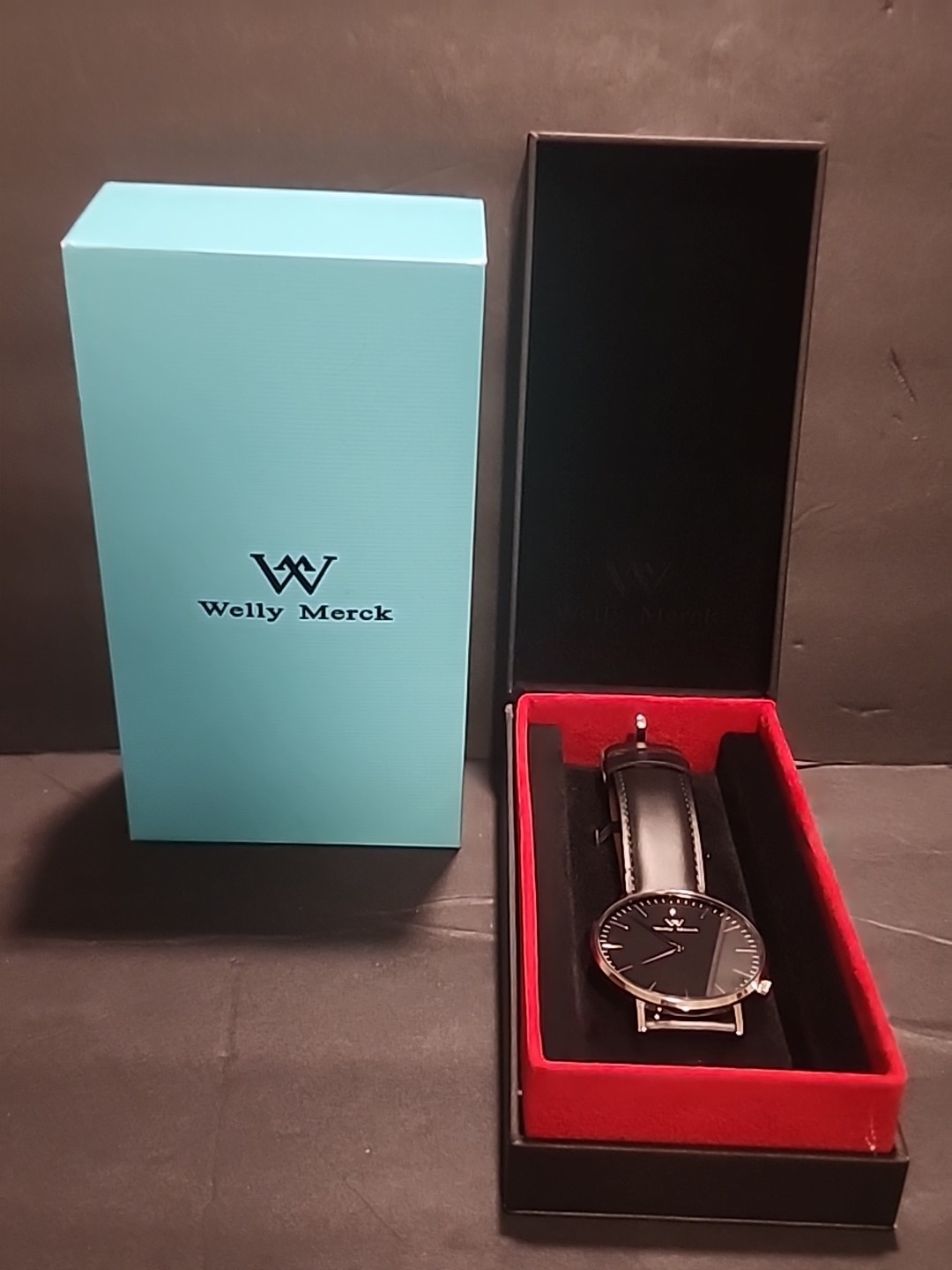 Welly Merck Mens Watch 35mm Black Dial Minimalist Stainless Leather New Battery